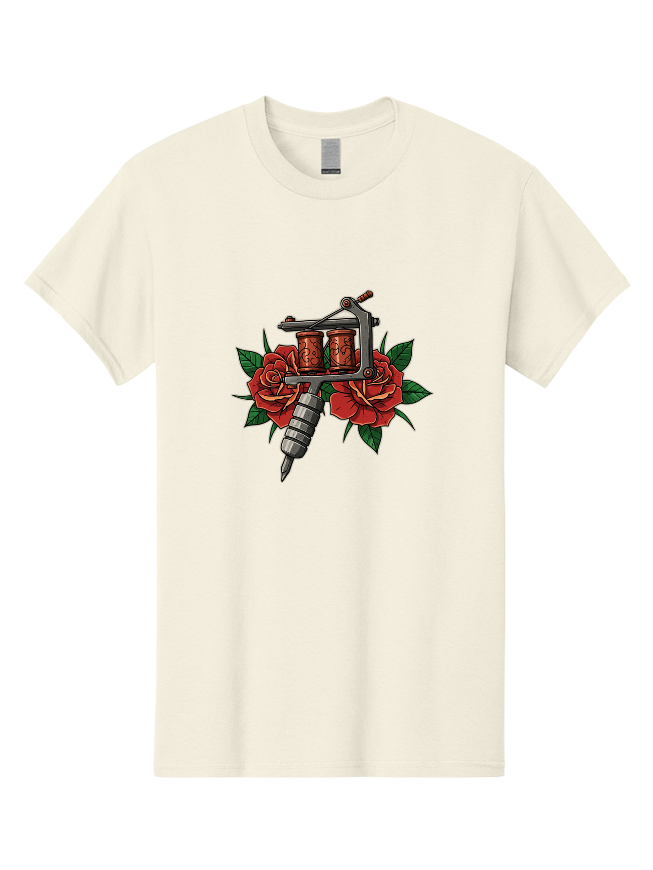 Tattoo-Machine-With-Roses-1 Men'S Graphic Tee, 100% Cotton, Comfortable Casual Summer Wear, Machine Washable, Vintage Tattoo Machine, Red Roses, Floral Design, Tattoo Art, Tattoo Equipment, Traditional Tattooing, Classic Tattoo Machine, Bad810