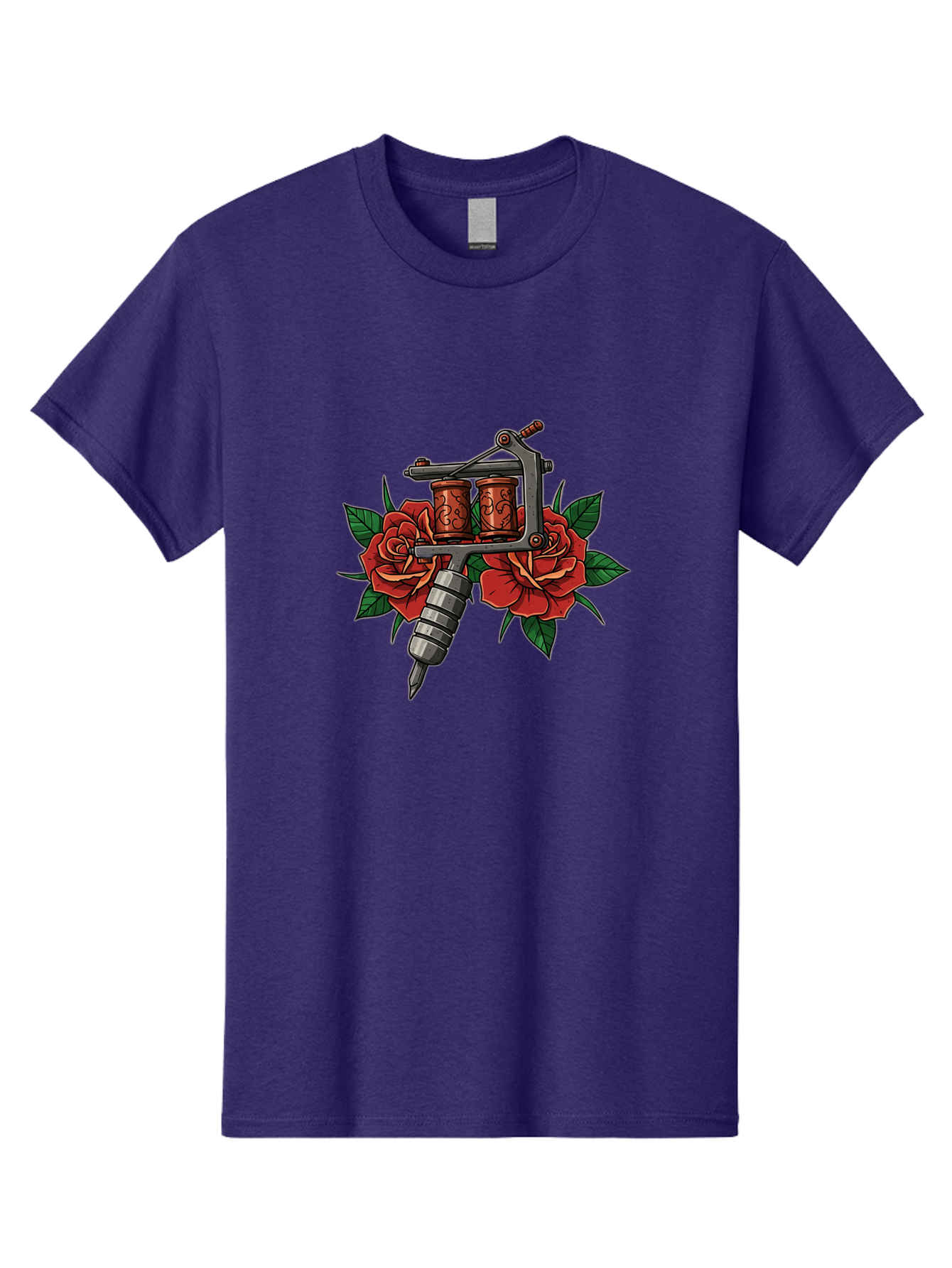 Tattoo-Machine-With-Roses-1 Men'S Graphic Tee, 100% Cotton, Comfortable Casual Summer Wear, Machine Washable, Vintage Tattoo Machine, Red Roses, Floral Design, Tattoo Art, Tattoo Equipment, Traditional Tattooing, Classic Tattoo Machine, Bad810