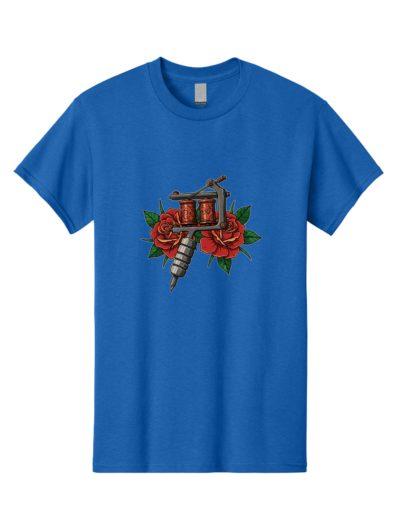 Tattoo-Machine-With-Roses-1 Men'S Graphic Tee, 100% Cotton, Comfortable Casual Summer Wear, Machine Washable, Vintage Tattoo Machine, Red Roses, Floral Design, Tattoo Art, Tattoo Equipment, Traditional Tattooing, Classic Tattoo Machine, Bad810