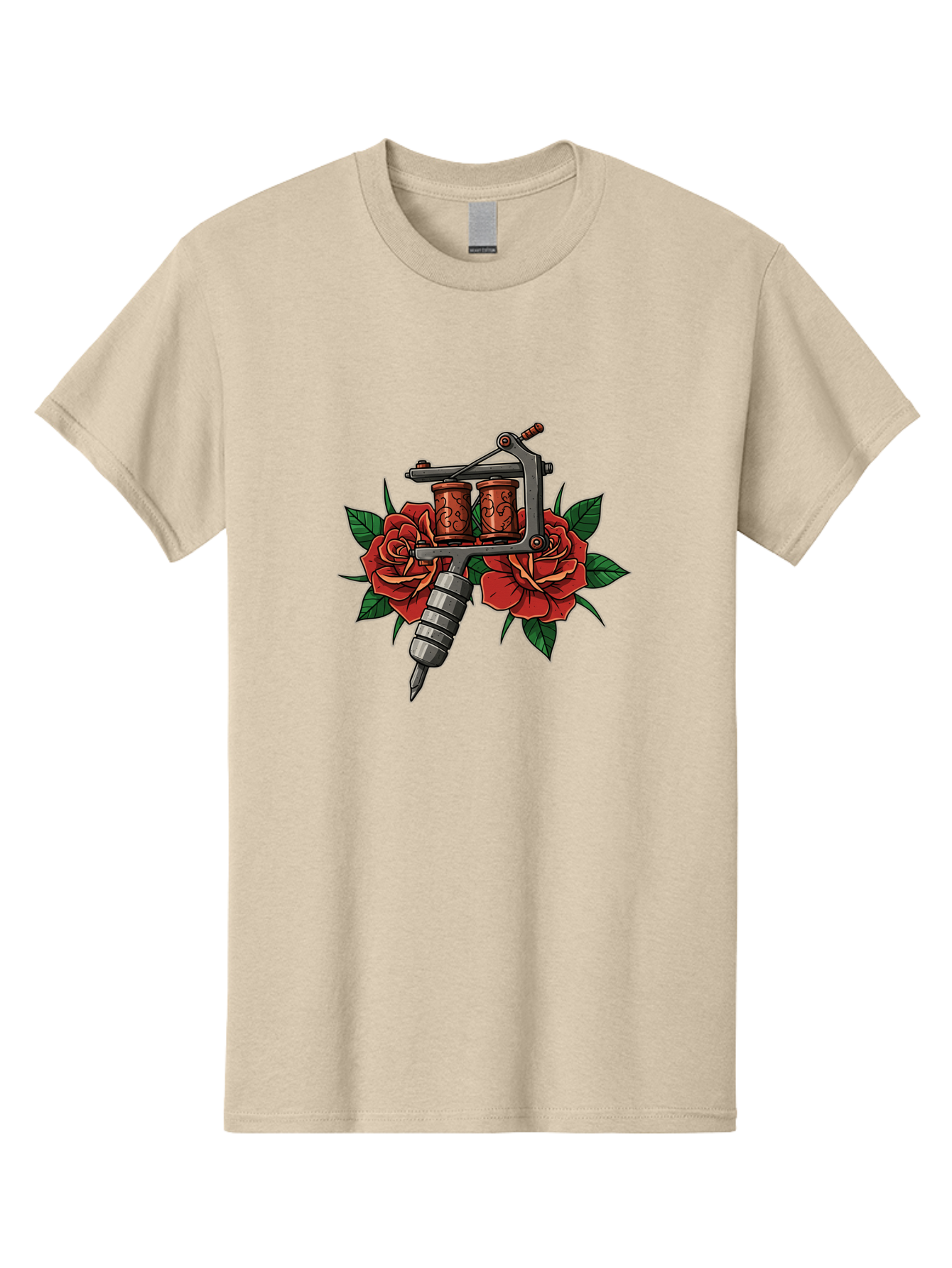 Tattoo-Machine-With-Roses-1 Men'S Graphic Tee, 100% Cotton, Comfortable Casual Summer Wear, Machine Washable, Vintage Tattoo Machine, Red Roses, Floral Design, Tattoo Art, Tattoo Equipment, Traditional Tattooing, Classic Tattoo Machine, Bad810
