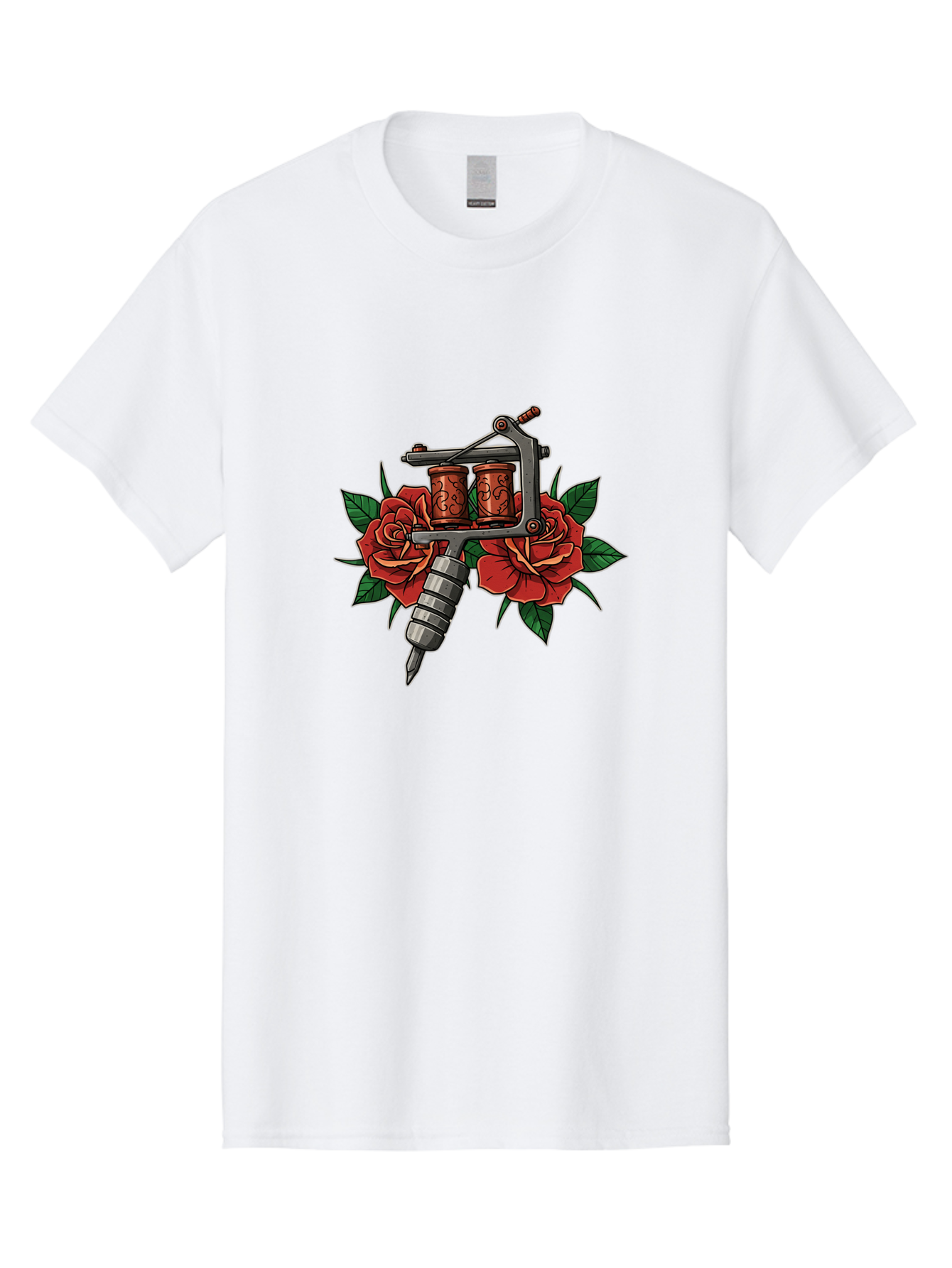 Tattoo-Machine-With-Roses-1 Men'S Graphic Tee, 100% Cotton, Comfortable Casual Summer Wear, Machine Washable, Vintage Tattoo Machine, Red Roses, Floral Design, Tattoo Art, Tattoo Equipment, Traditional Tattooing, Classic Tattoo Machine, Bad810