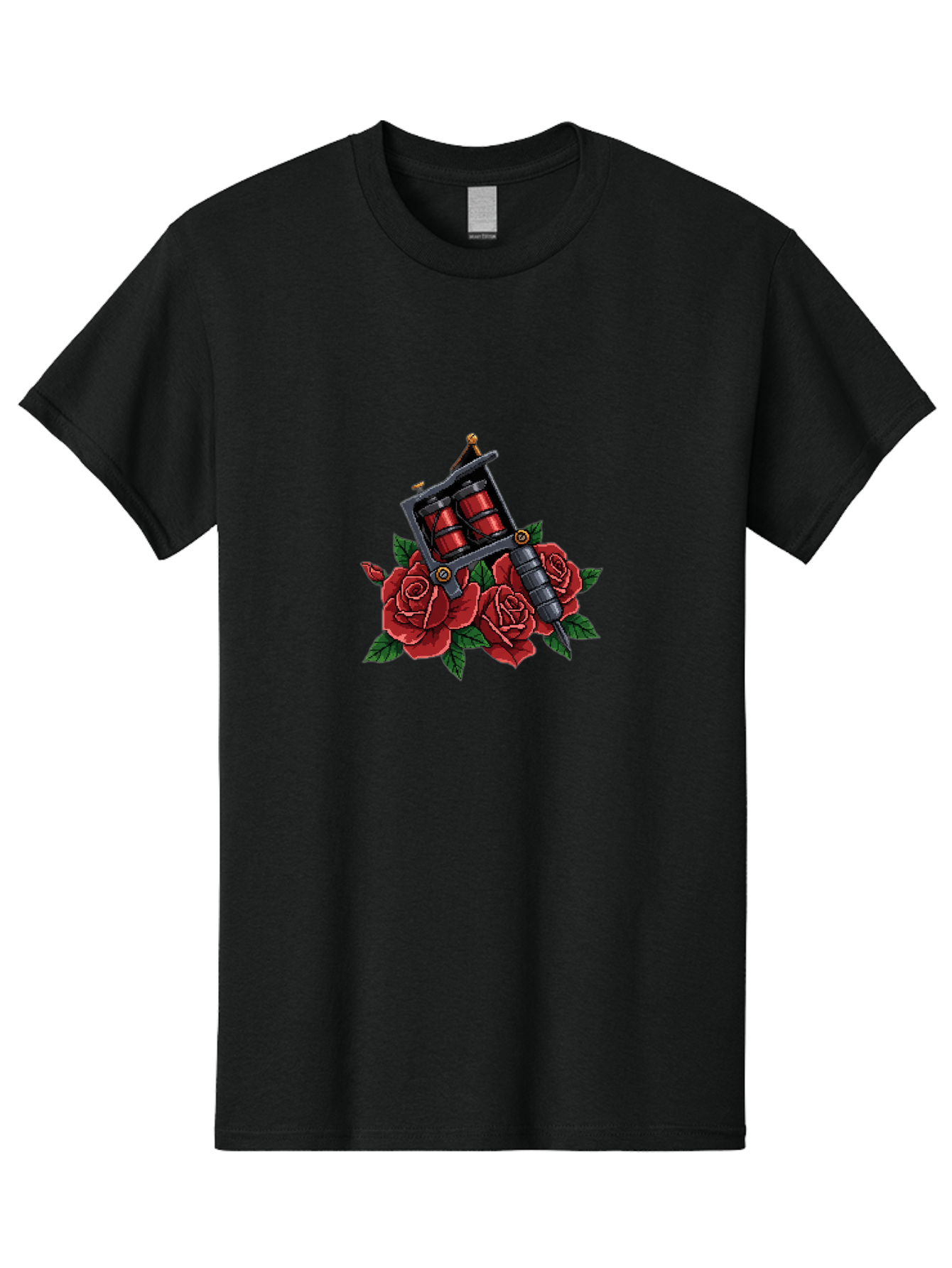 Tattoo-Machine-With-Roses Men'S Graphic Tee, 100% Cotton, Comfortable Casual Summer Wear, Machine Washable, Tattoo Machine Illustration, Red Roses, Tattoo Art, Body Art, Inked Design, Roses And Tattoo Equipment, Traditional Tattoo Style Bad811