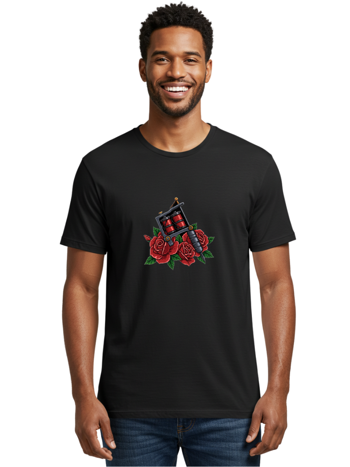 Tattoo-Machine-With-Roses Men'S Graphic Tee, 100% Cotton, Comfortable Casual Summer Wear, Machine Washable, Tattoo Machine Illustration, Red Roses, Tattoo Art, Body Art, Inked Design, Roses And Tattoo Equipment, Traditional Tattoo Style Bad811