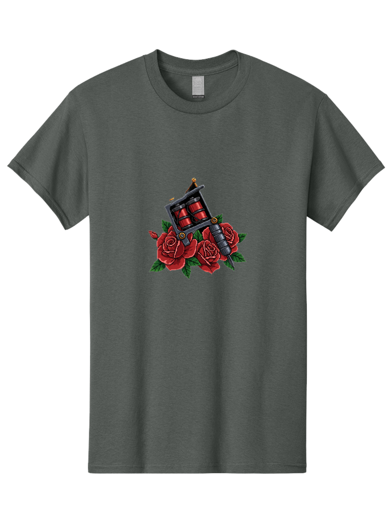 Tattoo-Machine-With-Roses Men'S Graphic Tee, 100% Cotton, Comfortable Casual Summer Wear, Machine Washable, Tattoo Machine Illustration, Red Roses, Tattoo Art, Body Art, Inked Design, Roses And Tattoo Equipment, Traditional Tattoo Style Bad811