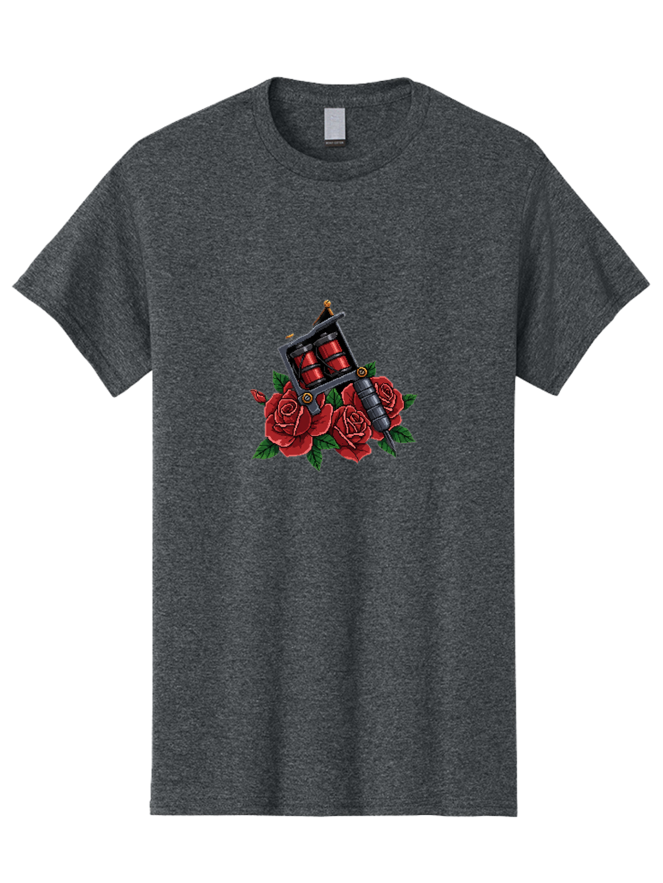 Tattoo-Machine-With-Roses Men'S Graphic Tee, 100% Cotton, Comfortable Casual Summer Wear, Machine Washable, Tattoo Machine Illustration, Red Roses, Tattoo Art, Body Art, Inked Design, Roses And Tattoo Equipment, Traditional Tattoo Style Bad811