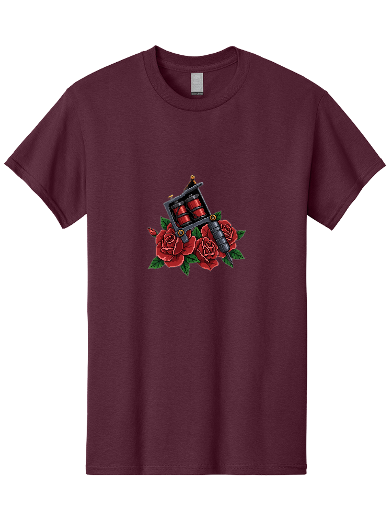 Tattoo-Machine-With-Roses Men'S Graphic Tee, 100% Cotton, Comfortable Casual Summer Wear, Machine Washable, Tattoo Machine Illustration, Red Roses, Tattoo Art, Body Art, Inked Design, Roses And Tattoo Equipment, Traditional Tattoo Style Bad811