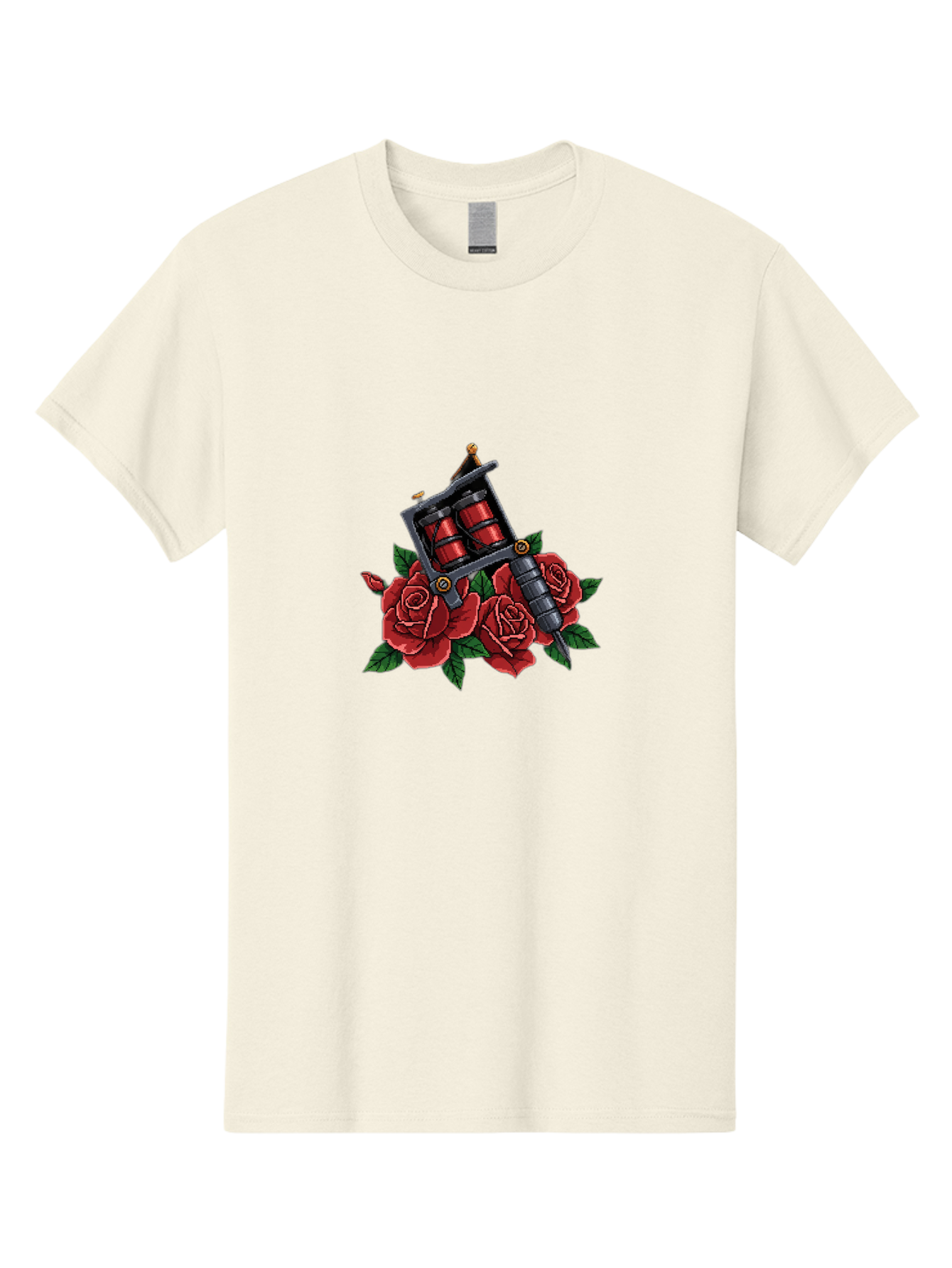 Tattoo-Machine-With-Roses Men'S Graphic Tee, 100% Cotton, Comfortable Casual Summer Wear, Machine Washable, Tattoo Machine Illustration, Red Roses, Tattoo Art, Body Art, Inked Design, Roses And Tattoo Equipment, Traditional Tattoo Style Bad811