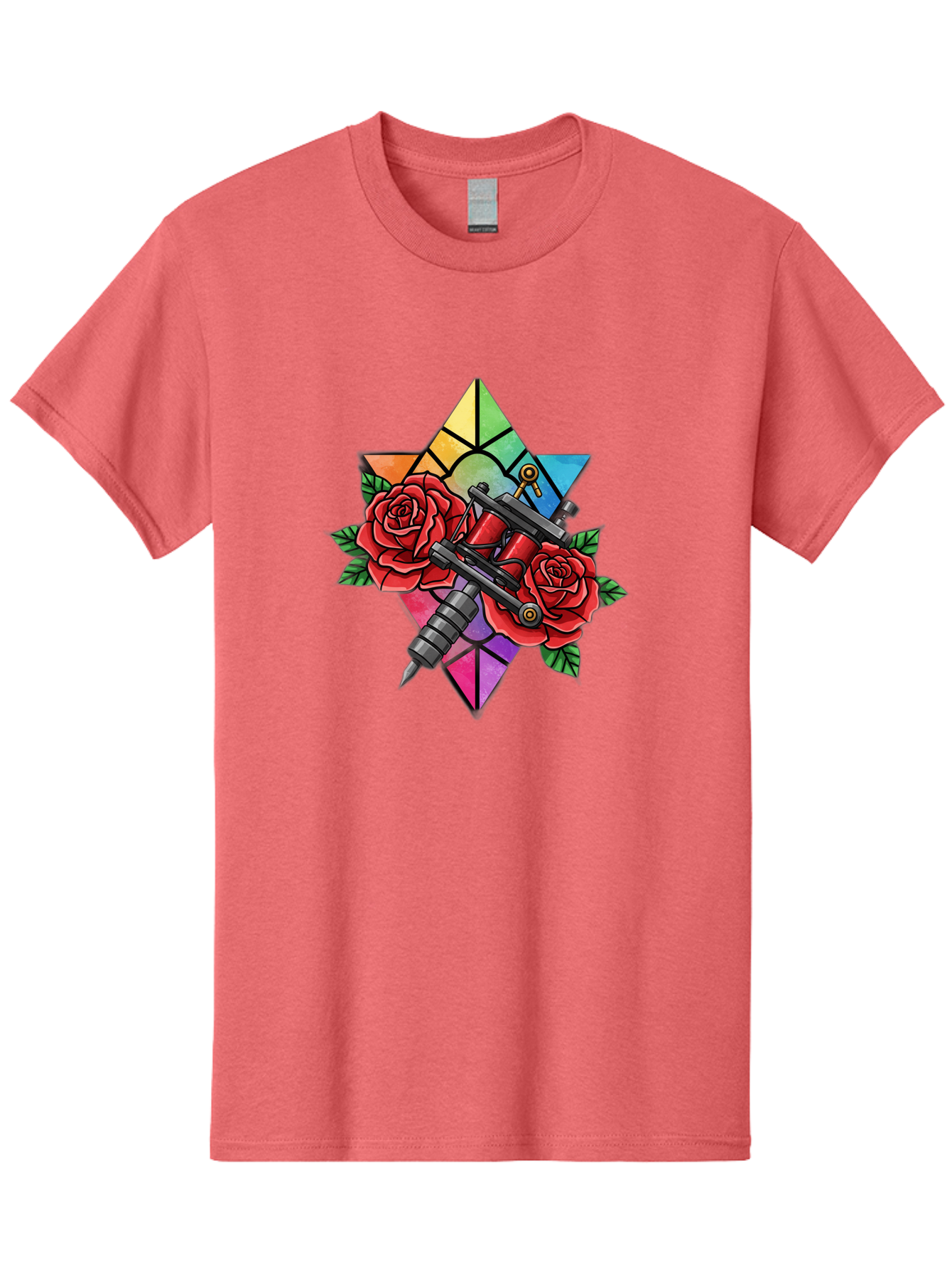Tattoo-Machines-With-Roses Men'S Graphic Tee, 100% Cotton, Comfortable Casual Summer Wear, Machine Washable, Tattoo Machine, Red Roses, Floral Design, Stained Glass Star, Tattoo Art, Body Art, Tattoo Culture, Vibrant Colors, Tattoo Inspiration Bad813