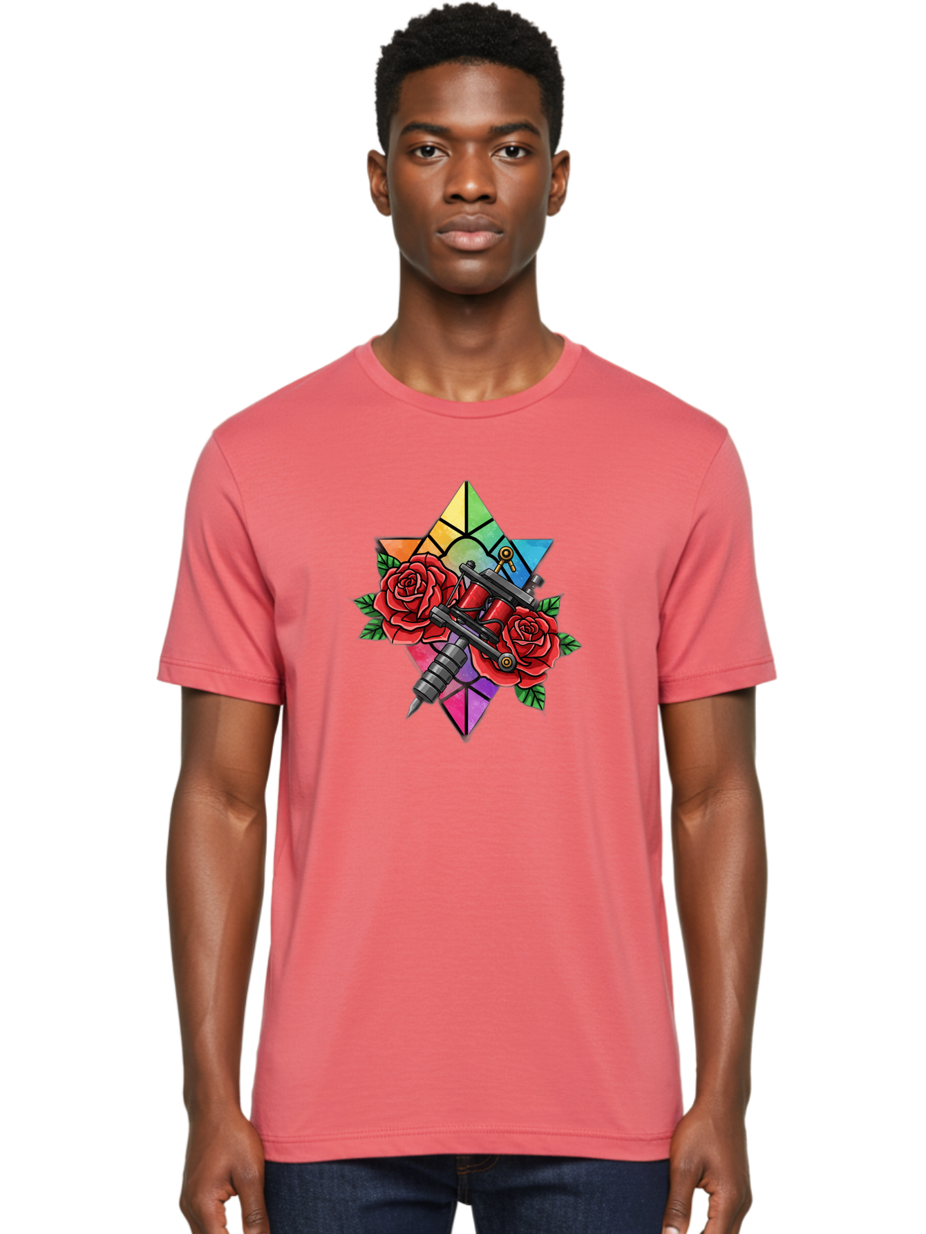 Tattoo-Machines-With-Roses Men'S Graphic Tee, 100% Cotton, Comfortable Casual Summer Wear, Machine Washable, Tattoo Machine, Red Roses, Floral Design, Stained Glass Star, Tattoo Art, Body Art, Tattoo Culture, Vibrant Colors, Tattoo Inspiration Bad813
