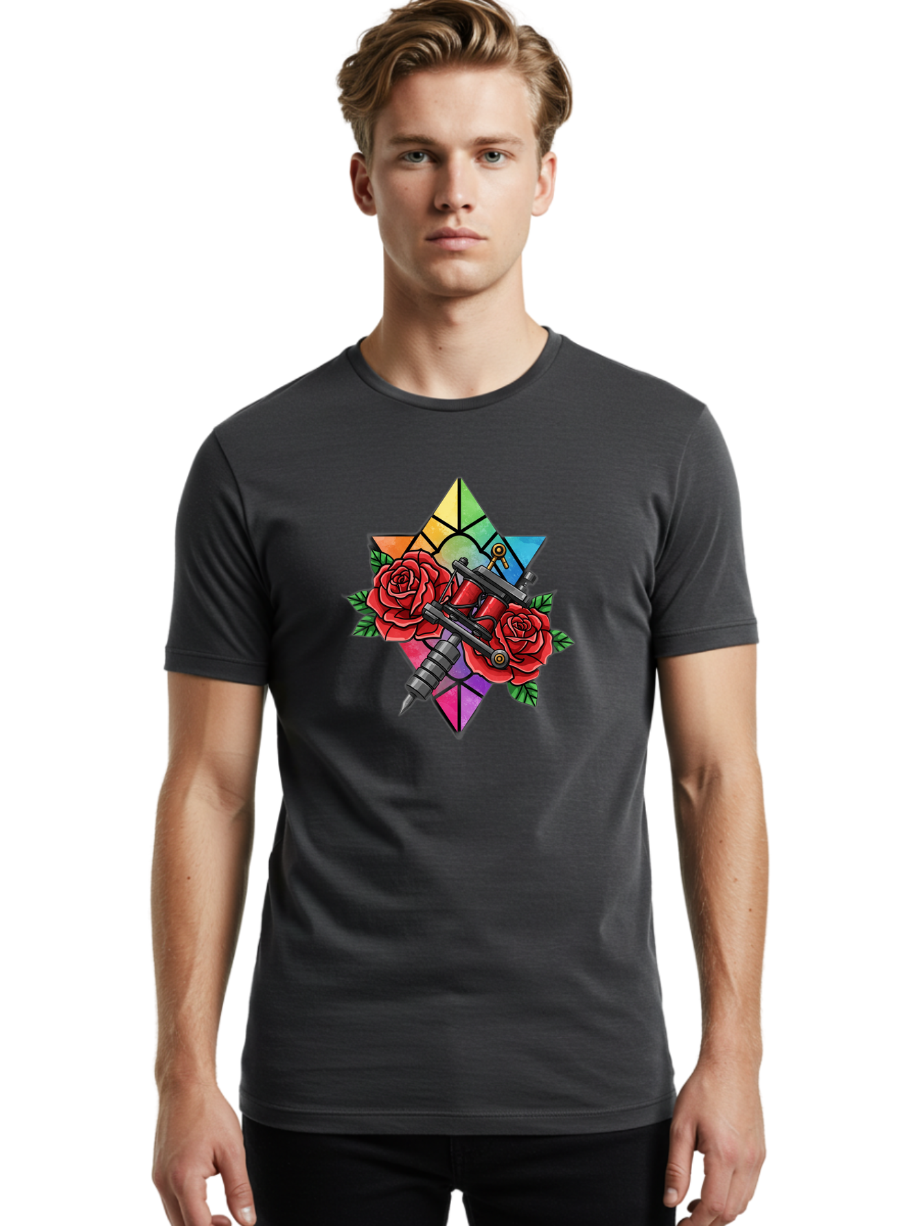 Tattoo-Machines-With-Roses Men'S Graphic Tee, 100% Cotton, Comfortable Casual Summer Wear, Machine Washable, Tattoo Machine, Red Roses, Floral Design, Stained Glass Star, Tattoo Art, Body Art, Tattoo Culture, Vibrant Colors, Tattoo Inspiration Bad813