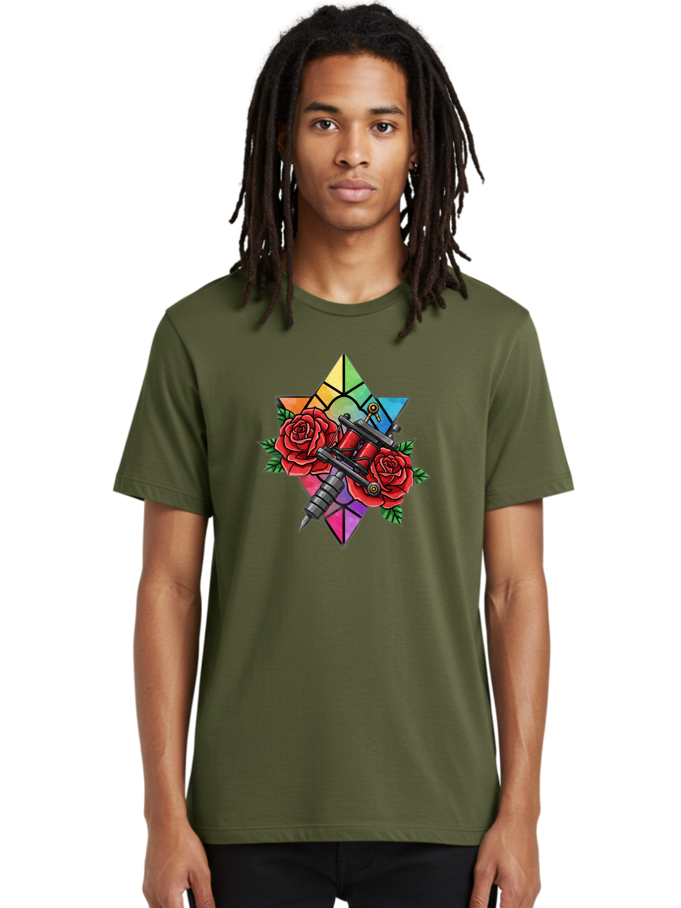 Tattoo-Machines-With-Roses Men'S Graphic Tee, 100% Cotton, Comfortable Casual Summer Wear, Machine Washable, Tattoo Machine, Red Roses, Floral Design, Stained Glass Star, Tattoo Art, Body Art, Tattoo Culture, Vibrant Colors, Tattoo Inspiration Bad813
