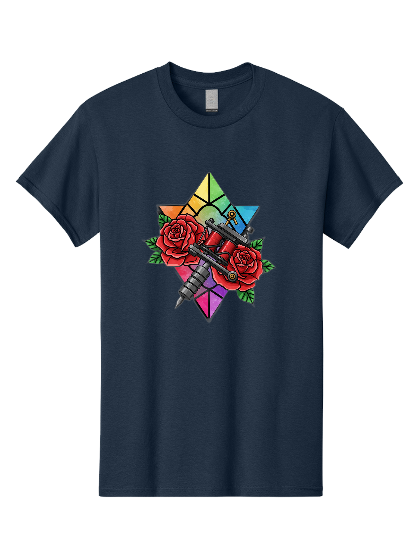 Tattoo-Machines-With-Roses Men'S Graphic Tee, 100% Cotton, Comfortable Casual Summer Wear, Machine Washable, Tattoo Machine, Red Roses, Floral Design, Stained Glass Star, Tattoo Art, Body Art, Tattoo Culture, Vibrant Colors, Tattoo Inspiration Bad813