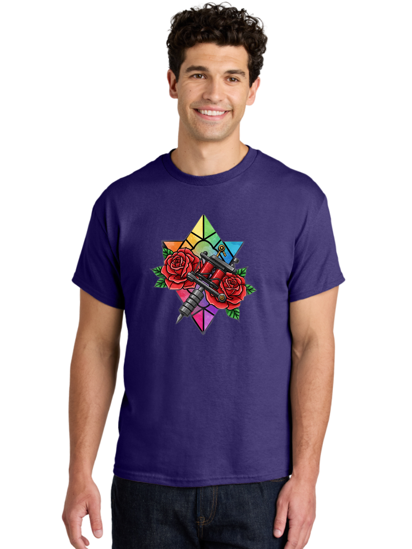 Tattoo-Machines-With-Roses Men'S Graphic Tee, 100% Cotton, Comfortable Casual Summer Wear, Machine Washable, Tattoo Machine, Red Roses, Floral Design, Stained Glass Star, Tattoo Art, Body Art, Tattoo Culture, Vibrant Colors, Tattoo Inspiration Bad813
