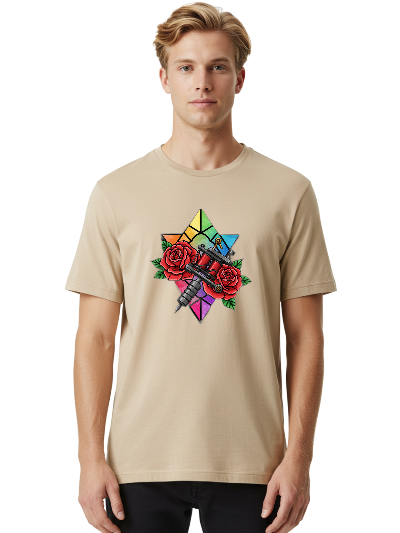 Tattoo-Machines-With-Roses Men'S Graphic Tee, 100% Cotton, Comfortable Casual Summer Wear, Machine Washable, Tattoo Machine, Red Roses, Floral Design, Stained Glass Star, Tattoo Art, Body Art, Tattoo Culture, Vibrant Colors, Tattoo Inspiration Bad813