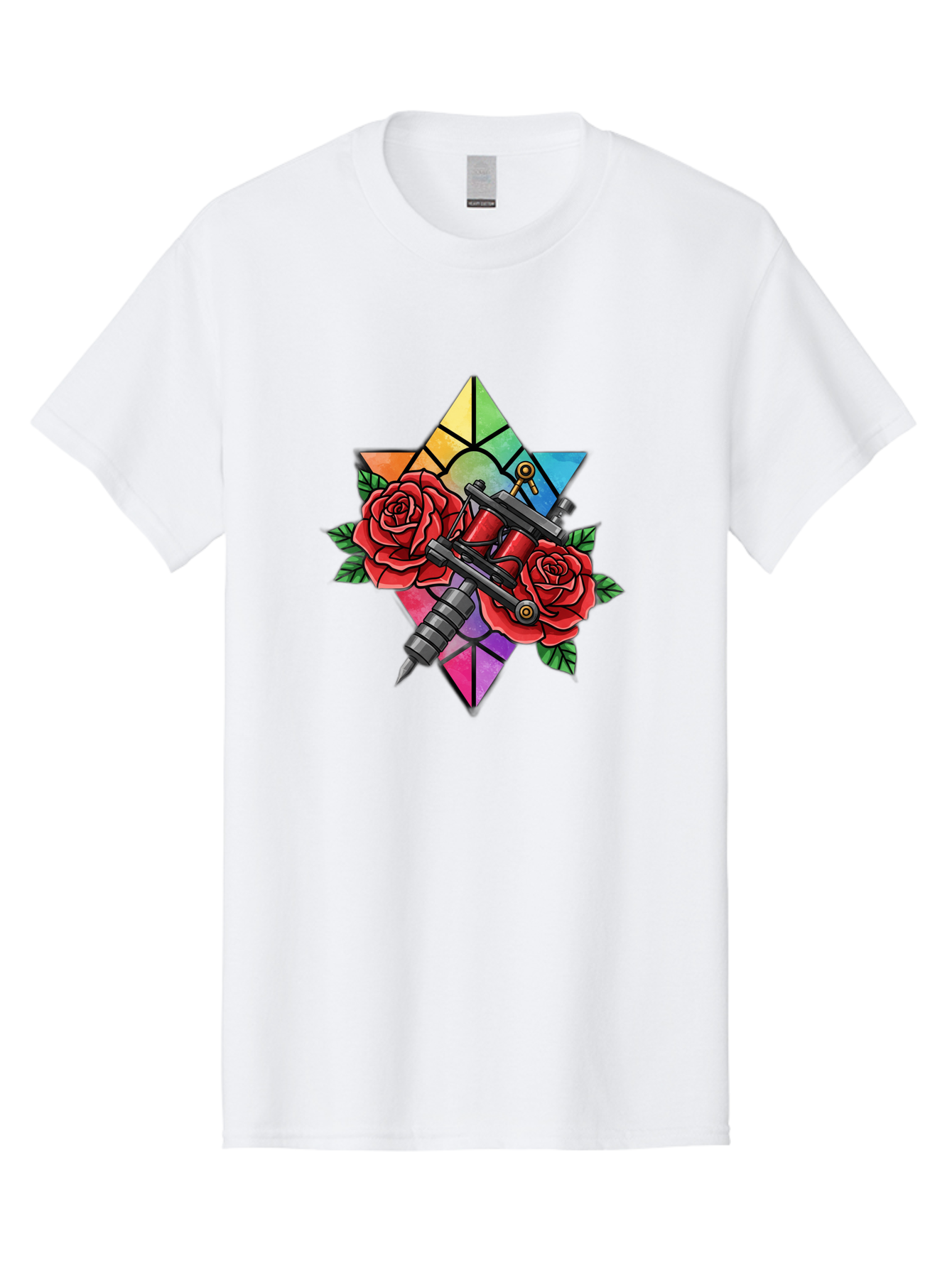 Tattoo-Machines-With-Roses Men'S Graphic Tee, 100% Cotton, Comfortable Casual Summer Wear, Machine Washable, Tattoo Machine, Red Roses, Floral Design, Stained Glass Star, Tattoo Art, Body Art, Tattoo Culture, Vibrant Colors, Tattoo Inspiration Bad813