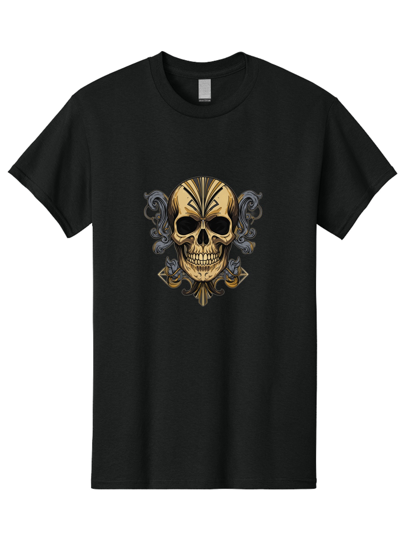 Tattoo-Skull Men'S Graphic Tee, 100% Cotton, Comfortable Casual Summer Wear, Machine Washable, Tribal Skull Art, Gold Skull, Black Tribal Patterns, Ornate Designs, Gothic Elements, Edgy Aesthetic, Skull Illustration, Day Of The Dead, Bad814