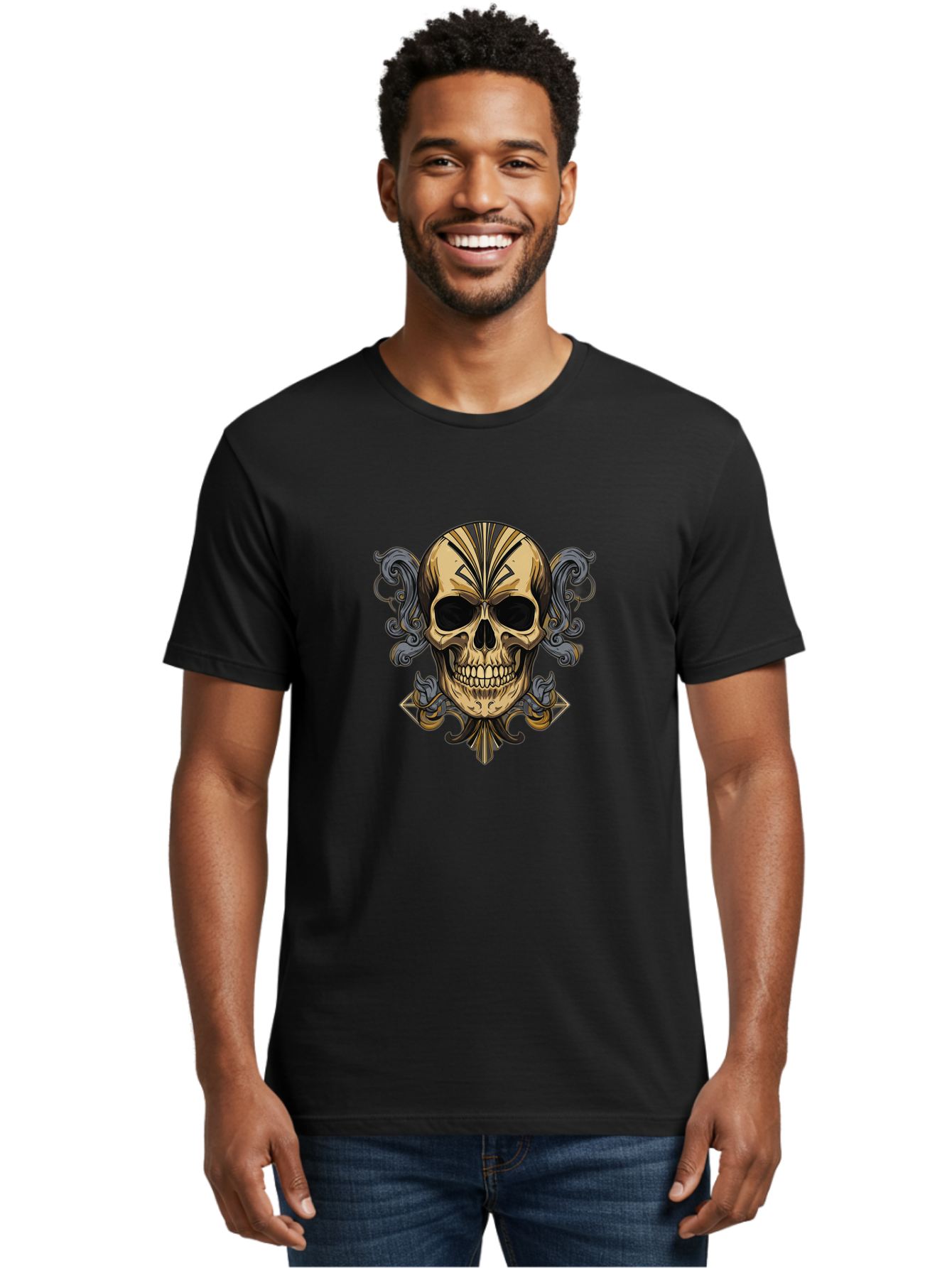 Tattoo-Skull Men'S Graphic Tee, 100% Cotton, Comfortable Casual Summer Wear, Machine Washable, Tribal Skull Art, Gold Skull, Black Tribal Patterns, Ornate Designs, Gothic Elements, Edgy Aesthetic, Skull Illustration, Day Of The Dead, Bad814