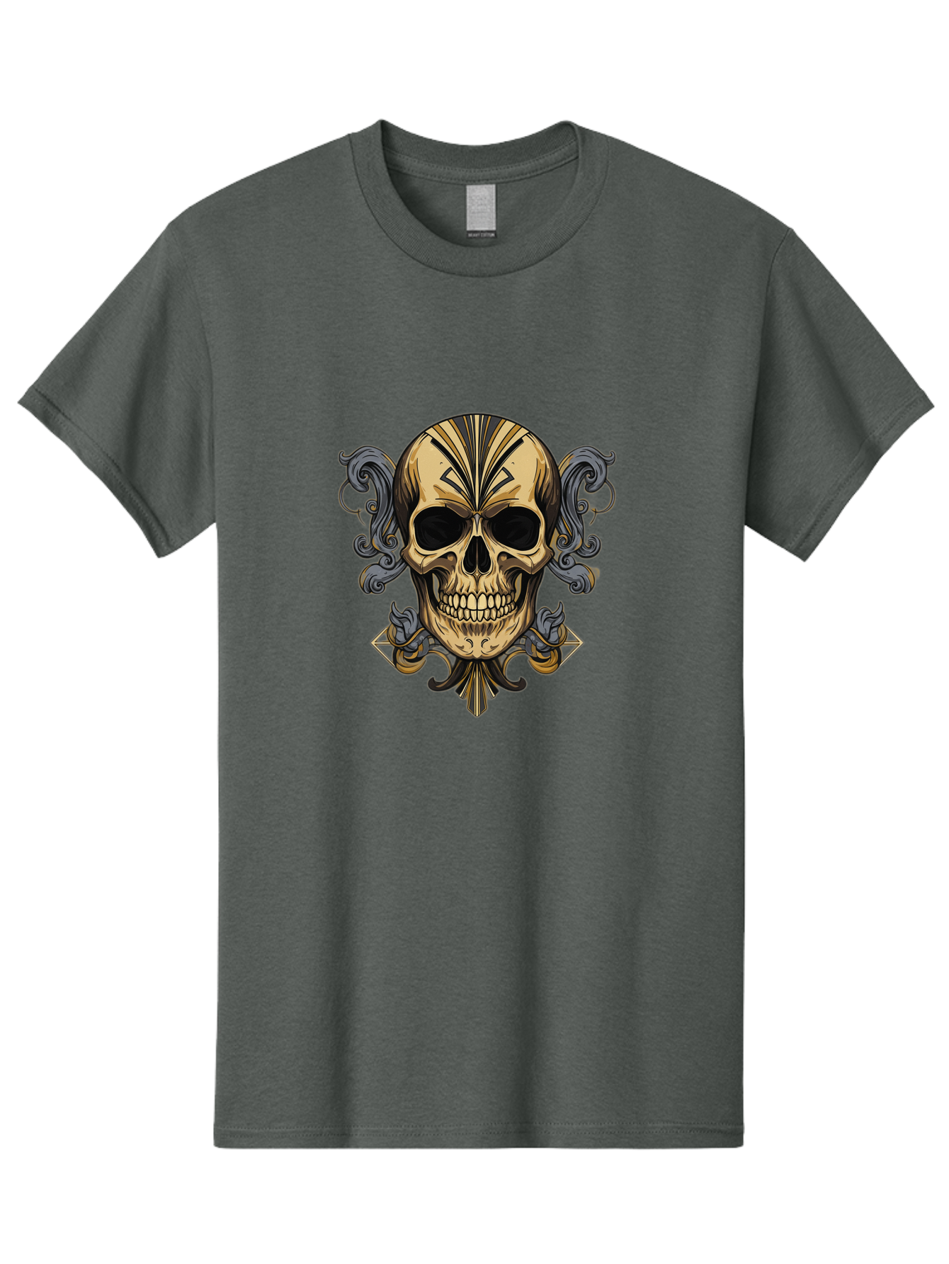 Tattoo-Skull Men'S Graphic Tee, 100% Cotton, Comfortable Casual Summer Wear, Machine Washable, Tribal Skull Art, Gold Skull, Black Tribal Patterns, Ornate Designs, Gothic Elements, Edgy Aesthetic, Skull Illustration, Day Of The Dead, Bad814
