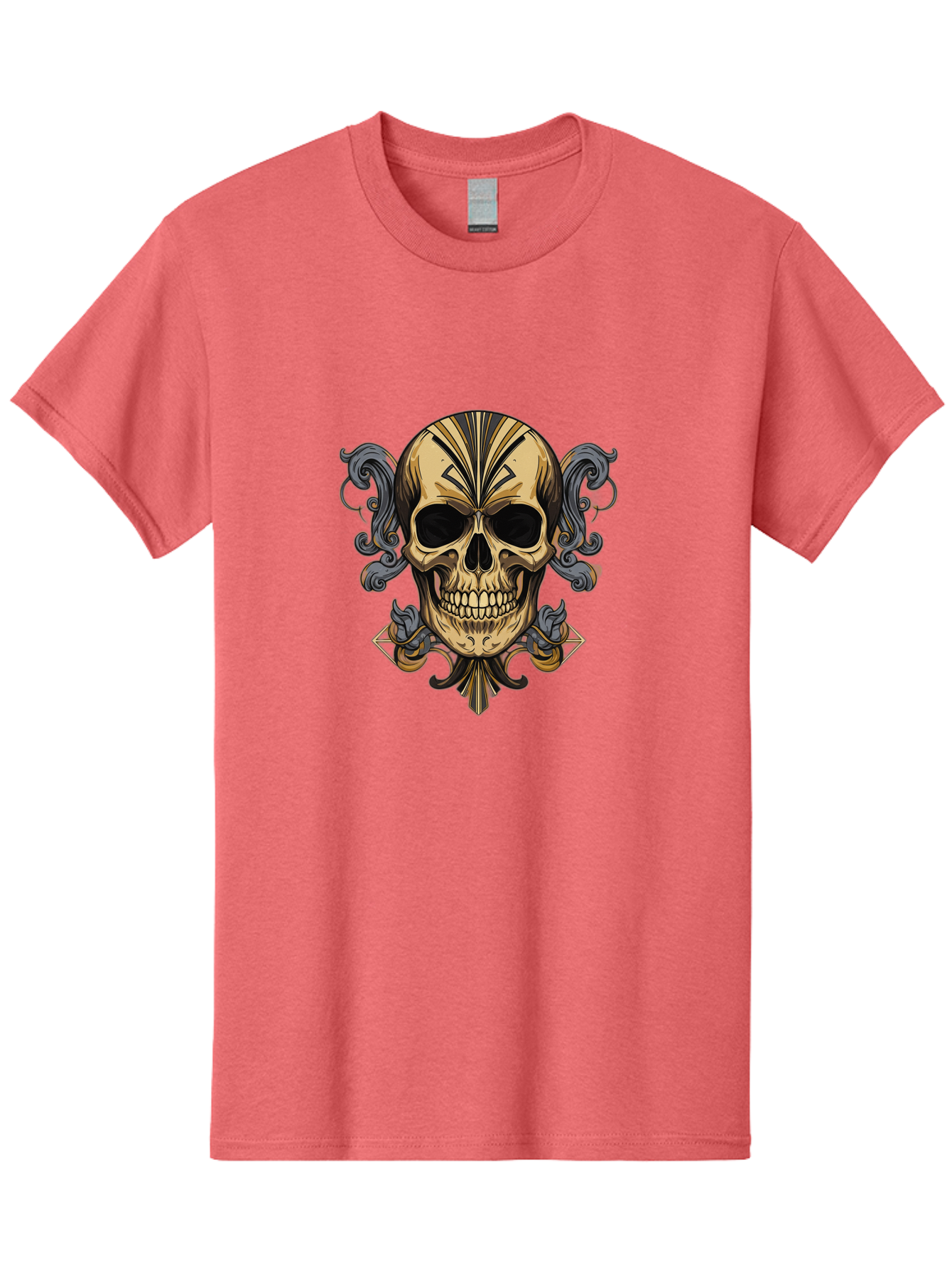 Tattoo-Skull Men'S Graphic Tee, 100% Cotton, Comfortable Casual Summer Wear, Machine Washable, Tribal Skull Art, Gold Skull, Black Tribal Patterns, Ornate Designs, Gothic Elements, Edgy Aesthetic, Skull Illustration, Day Of The Dead, Bad814
