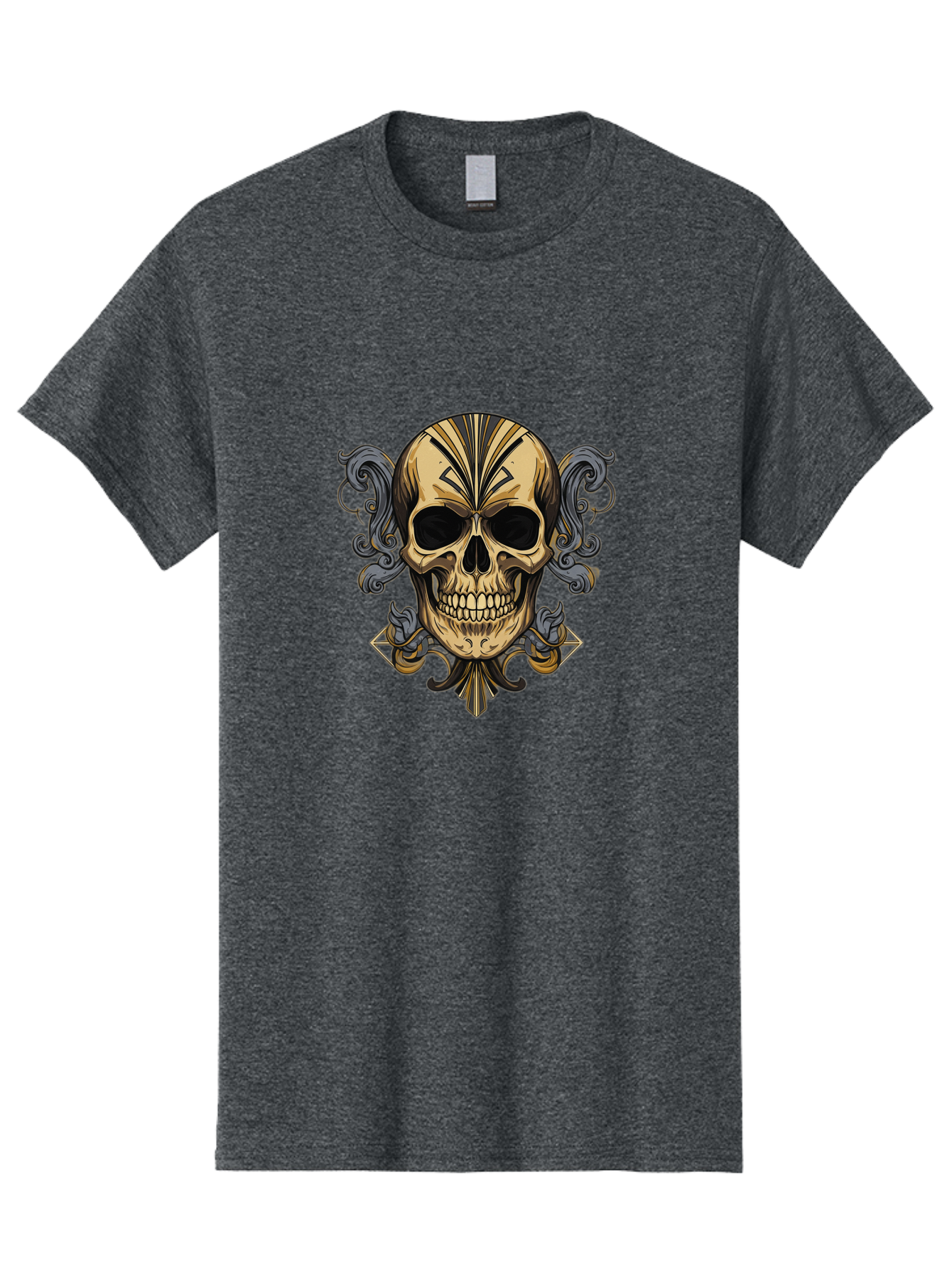 Tattoo-Skull Men'S Graphic Tee, 100% Cotton, Comfortable Casual Summer Wear, Machine Washable, Tribal Skull Art, Gold Skull, Black Tribal Patterns, Ornate Designs, Gothic Elements, Edgy Aesthetic, Skull Illustration, Day Of The Dead, Bad814