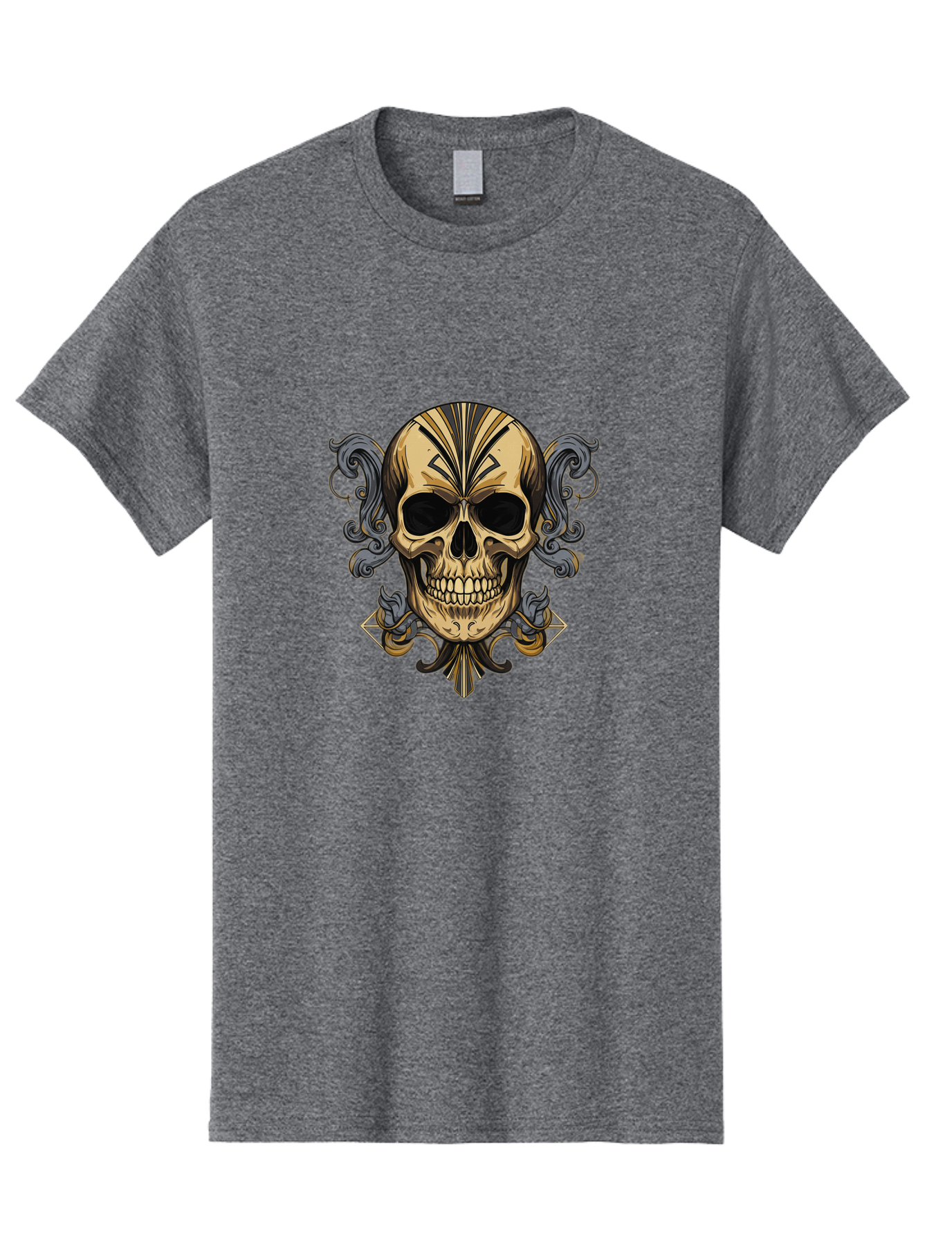 Tattoo-Skull Men'S Graphic Tee, 100% Cotton, Comfortable Casual Summer Wear, Machine Washable, Tribal Skull Art, Gold Skull, Black Tribal Patterns, Ornate Designs, Gothic Elements, Edgy Aesthetic, Skull Illustration, Day Of The Dead, Bad814