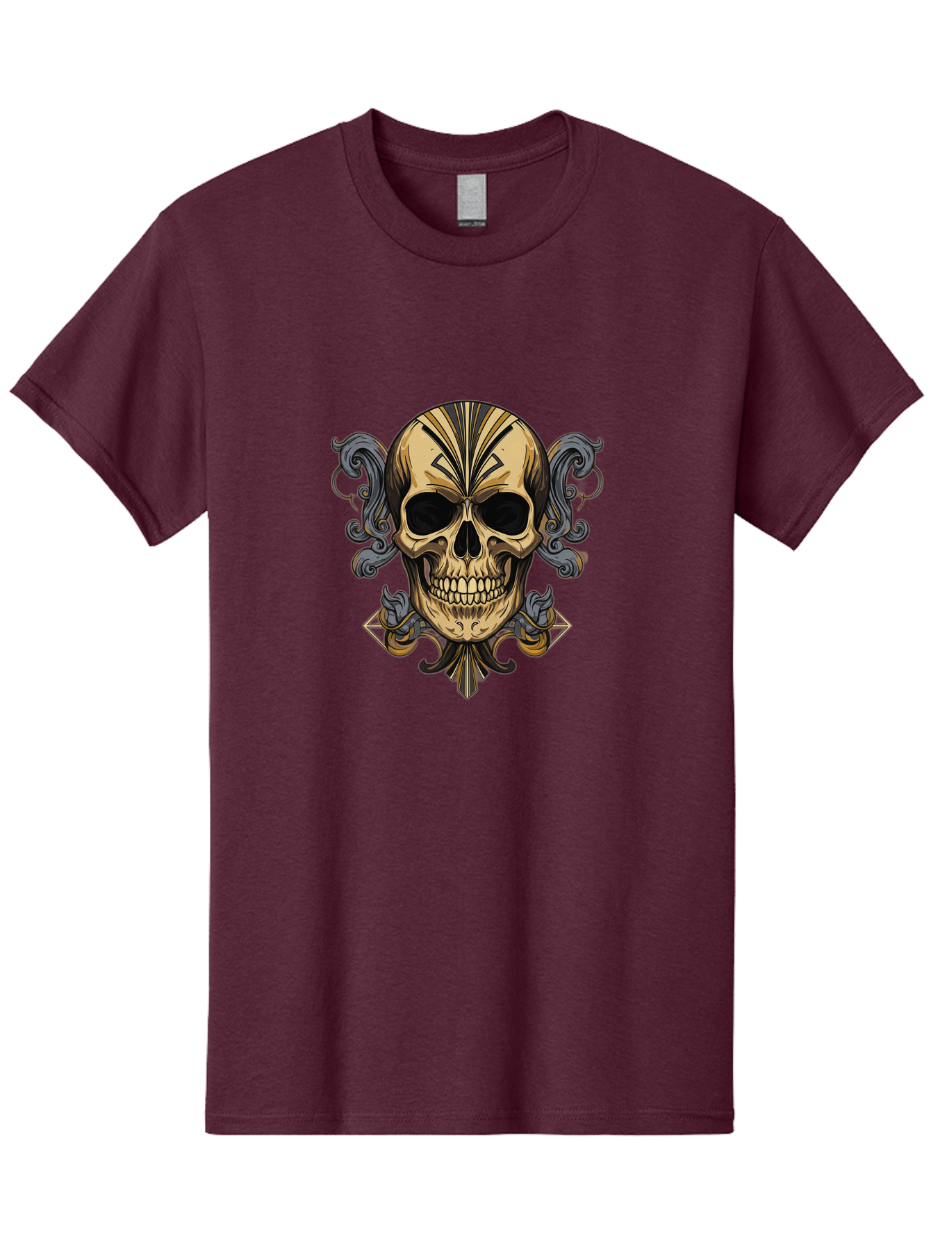 Tattoo-Skull Men'S Graphic Tee, 100% Cotton, Comfortable Casual Summer Wear, Machine Washable, Tribal Skull Art, Gold Skull, Black Tribal Patterns, Ornate Designs, Gothic Elements, Edgy Aesthetic, Skull Illustration, Day Of The Dead, Bad814