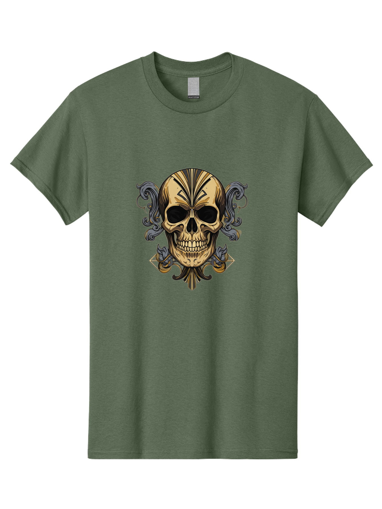 Tattoo-Skull Men'S Graphic Tee, 100% Cotton, Comfortable Casual Summer Wear, Machine Washable, Tribal Skull Art, Gold Skull, Black Tribal Patterns, Ornate Designs, Gothic Elements, Edgy Aesthetic, Skull Illustration, Day Of The Dead, Bad814