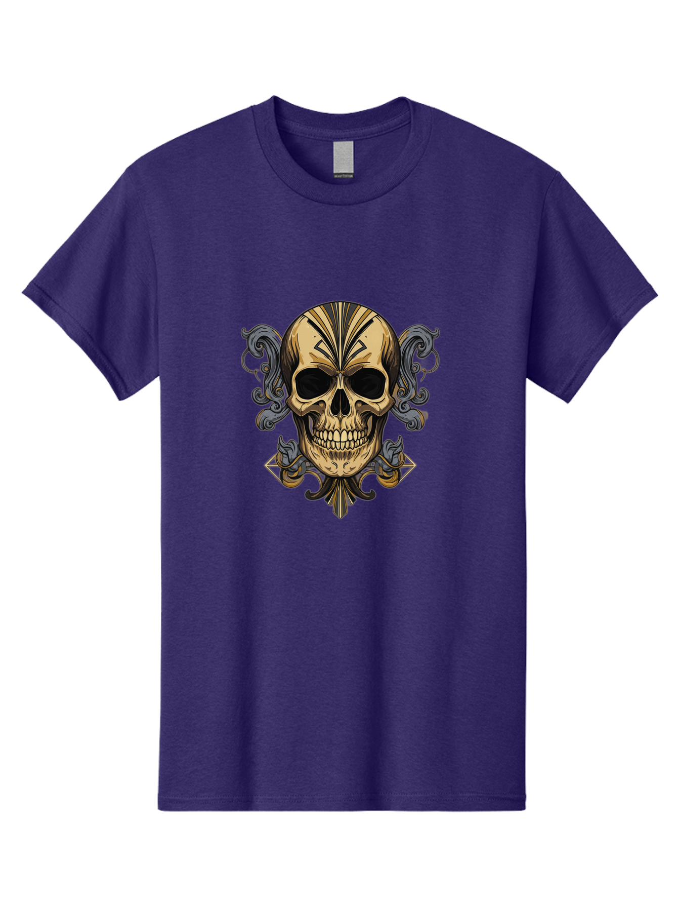 Tattoo-Skull Men'S Graphic Tee, 100% Cotton, Comfortable Casual Summer Wear, Machine Washable, Tribal Skull Art, Gold Skull, Black Tribal Patterns, Ornate Designs, Gothic Elements, Edgy Aesthetic, Skull Illustration, Day Of The Dead, Bad814