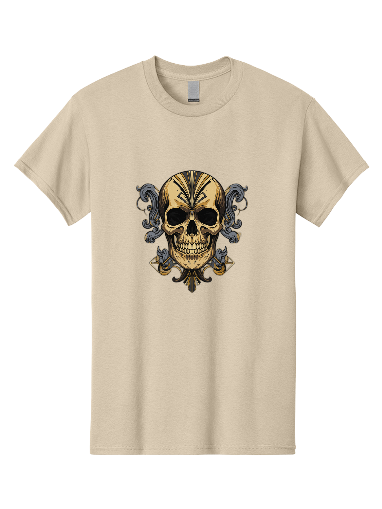 Tattoo-Skull Men'S Graphic Tee, 100% Cotton, Comfortable Casual Summer Wear, Machine Washable, Tribal Skull Art, Gold Skull, Black Tribal Patterns, Ornate Designs, Gothic Elements, Edgy Aesthetic, Skull Illustration, Day Of The Dead, Bad814