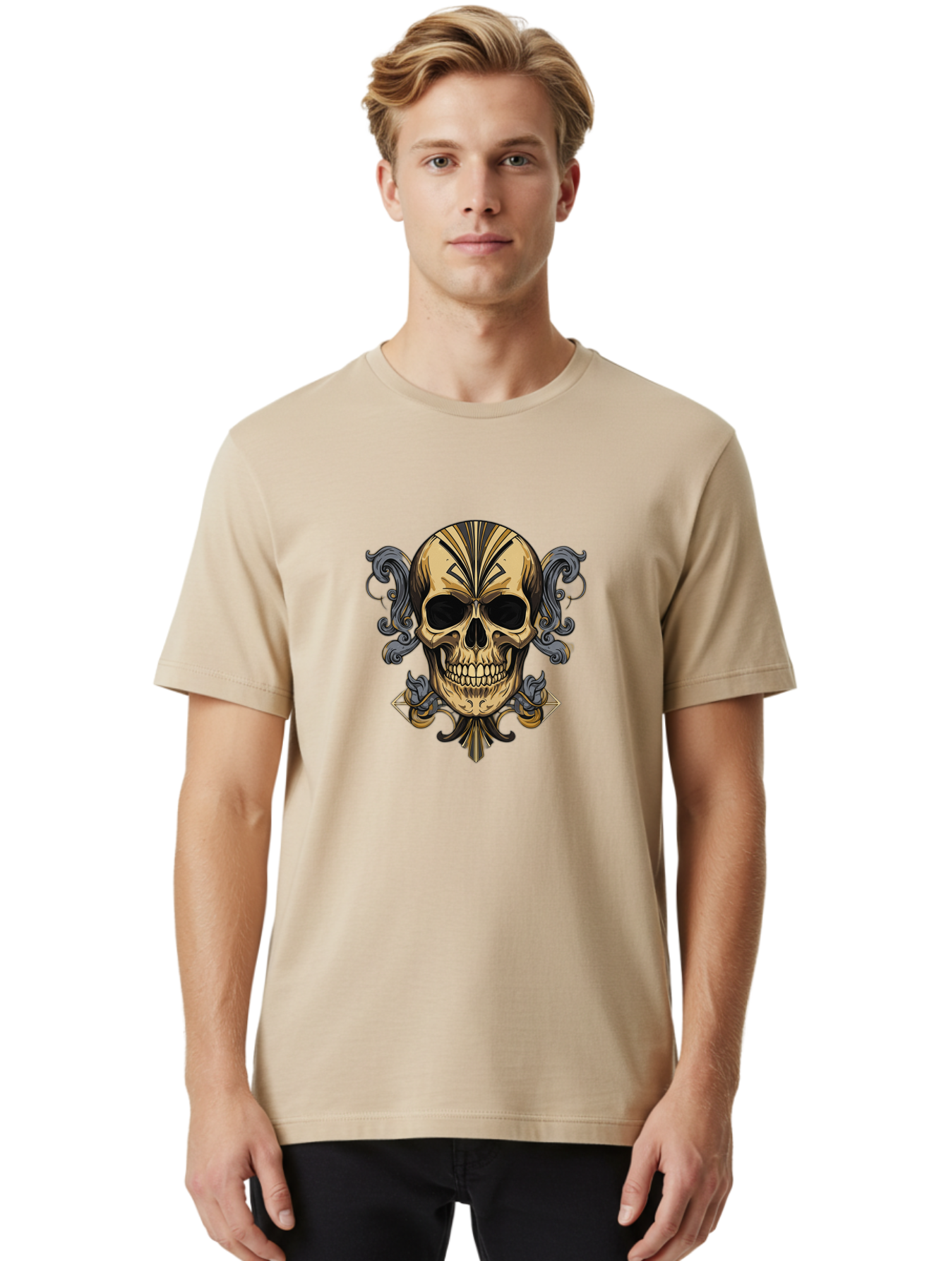 Tattoo-Skull Men'S Graphic Tee, 100% Cotton, Comfortable Casual Summer Wear, Machine Washable, Tribal Skull Art, Gold Skull, Black Tribal Patterns, Ornate Designs, Gothic Elements, Edgy Aesthetic, Skull Illustration, Day Of The Dead, Bad814