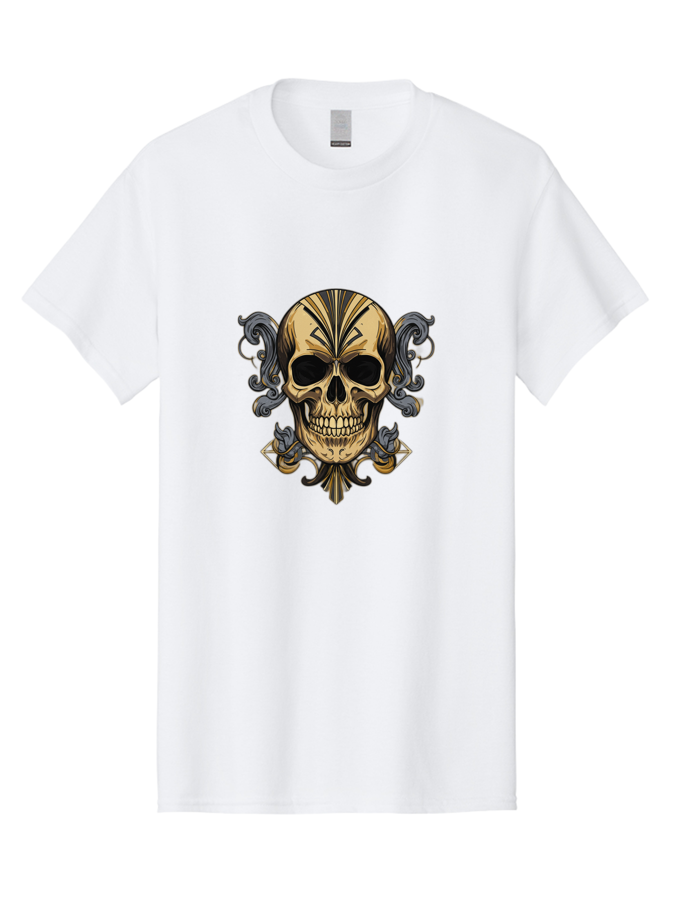 Tattoo-Skull Men'S Graphic Tee, 100% Cotton, Comfortable Casual Summer Wear, Machine Washable, Tribal Skull Art, Gold Skull, Black Tribal Patterns, Ornate Designs, Gothic Elements, Edgy Aesthetic, Skull Illustration, Day Of The Dead, Bad814
