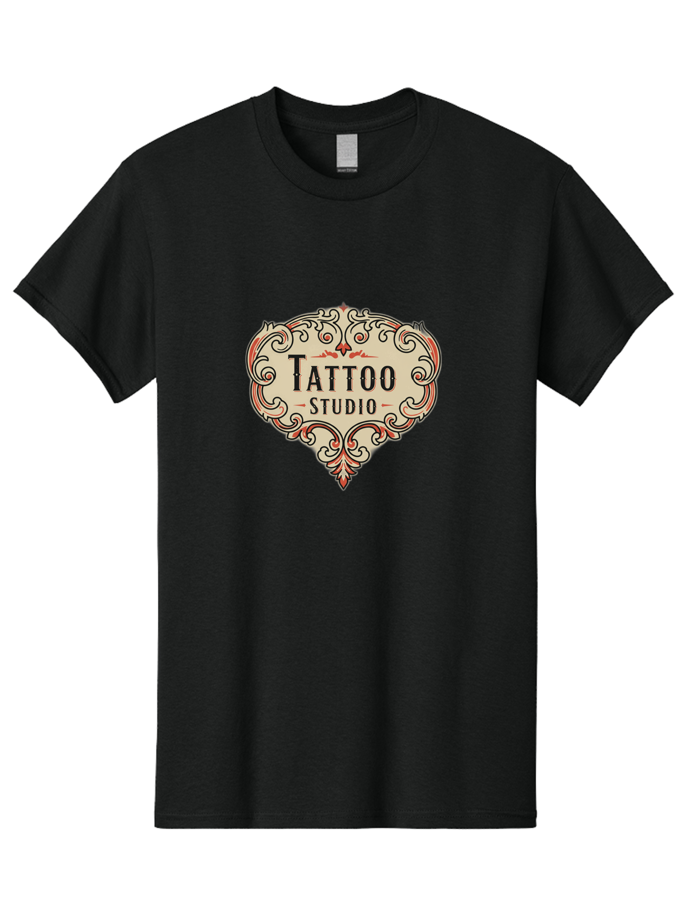 Tattoo-Studio-3 Men'S Graphic Tee, 100% Cotton, Comfortable Casual Summer Wear, Machine Washable, Tattoo Studio, Vintage Logo, Ornate Design, Red And Black Filigree, Body Art, Ink, Tattoo Parlor, Classic Style, Ornamental Art Bad817