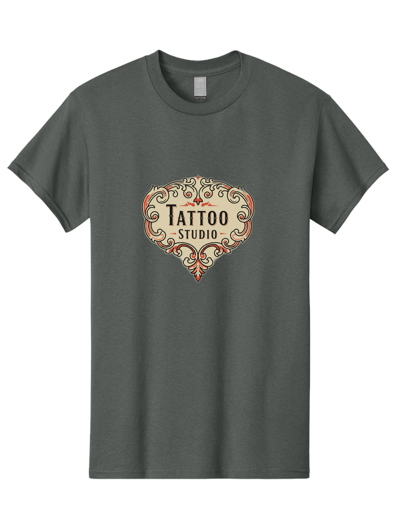 Tattoo-Studio-3 Men'S Graphic Tee, 100% Cotton, Comfortable Casual Summer Wear, Machine Washable, Tattoo Studio, Vintage Logo, Ornate Design, Red And Black Filigree, Body Art, Ink, Tattoo Parlor, Classic Style, Ornamental Art Bad817