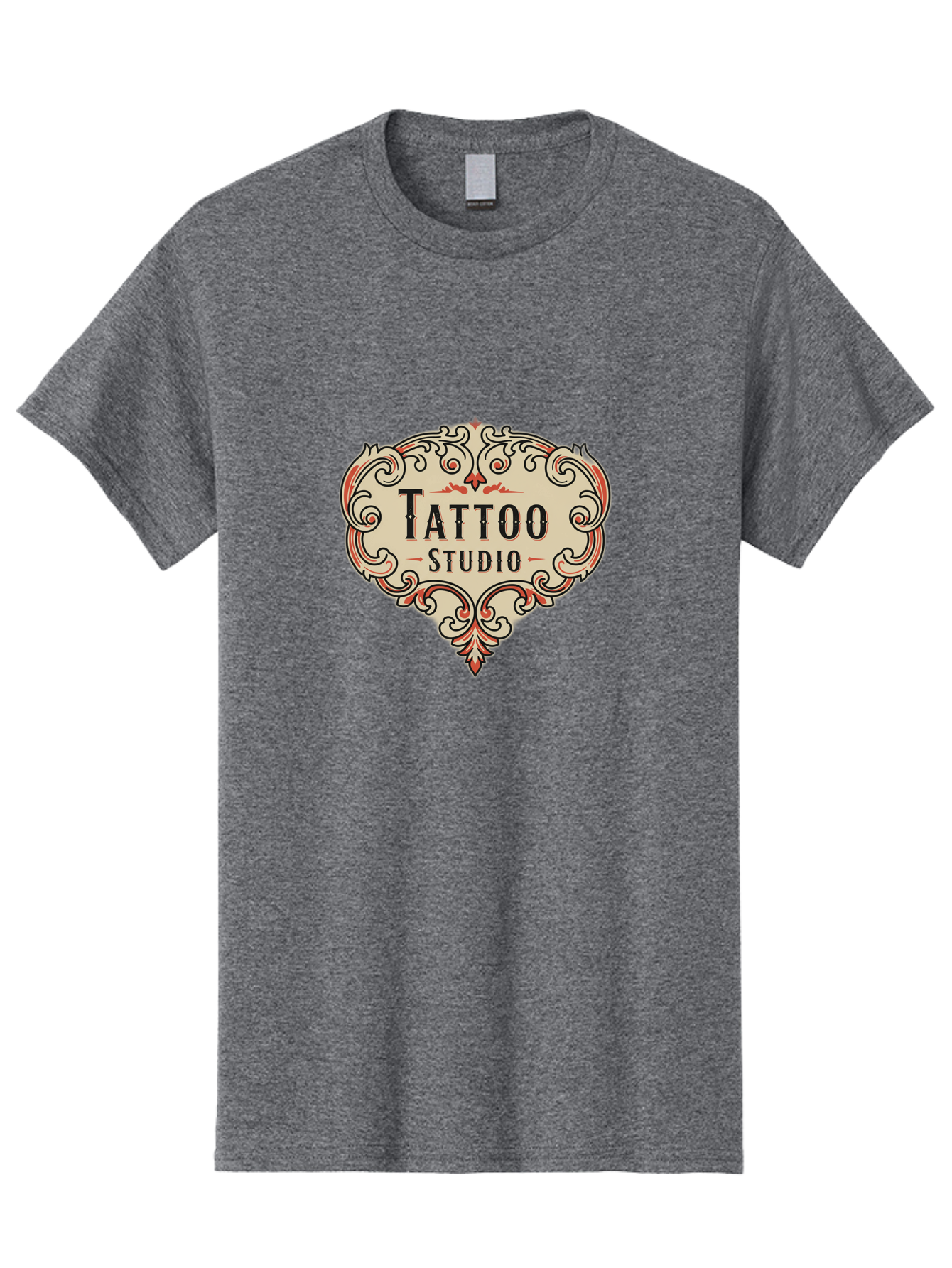 Tattoo-Studio-3 Men'S Graphic Tee, 100% Cotton, Comfortable Casual Summer Wear, Machine Washable, Tattoo Studio, Vintage Logo, Ornate Design, Red And Black Filigree, Body Art, Ink, Tattoo Parlor, Classic Style, Ornamental Art Bad817