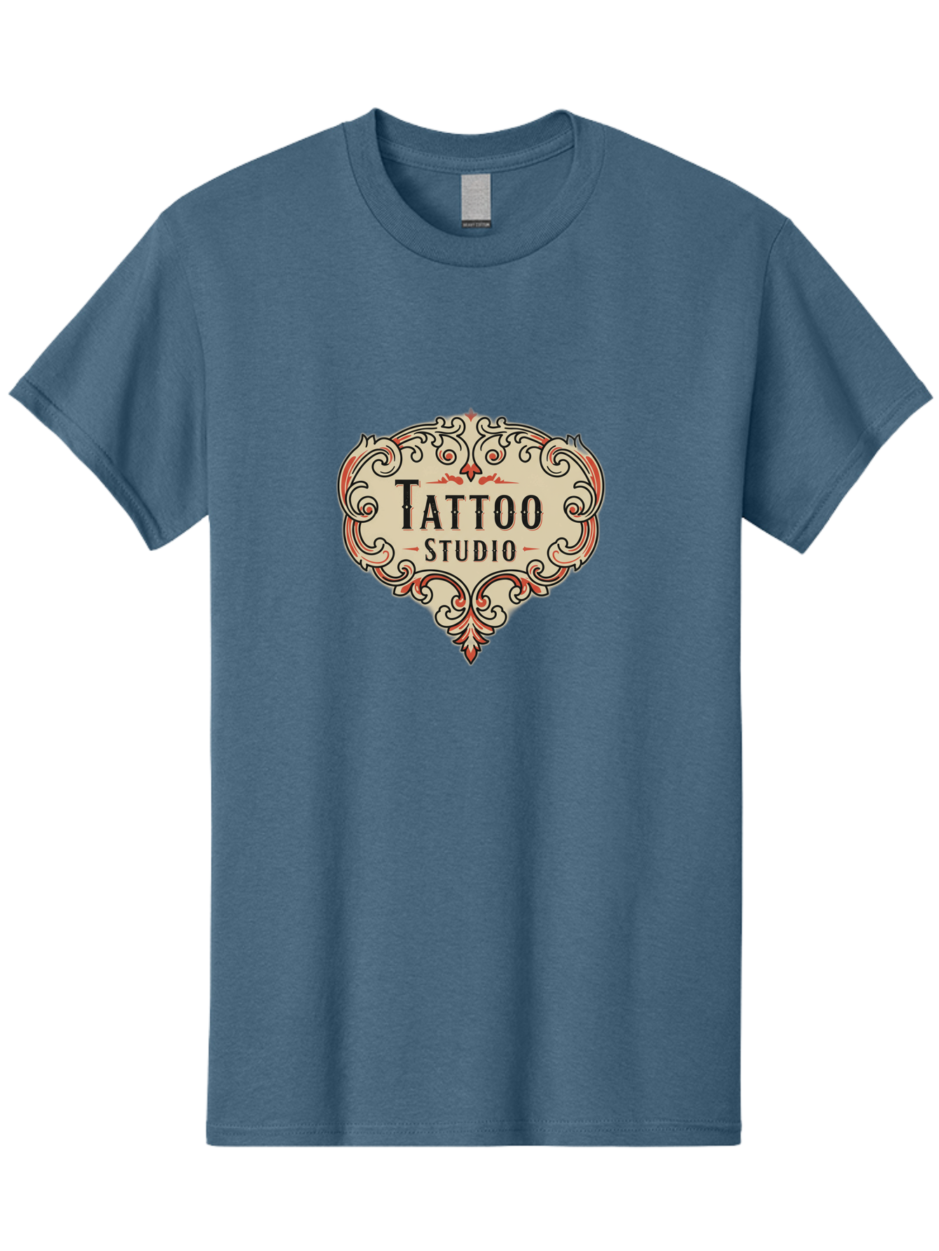 Tattoo-Studio-3 Men'S Graphic Tee, 100% Cotton, Comfortable Casual Summer Wear, Machine Washable, Tattoo Studio, Vintage Logo, Ornate Design, Red And Black Filigree, Body Art, Ink, Tattoo Parlor, Classic Style, Ornamental Art Bad817