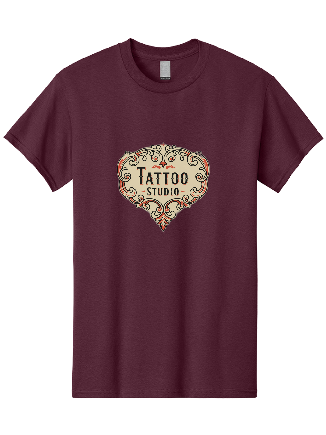 Tattoo-Studio-3 Men'S Graphic Tee, 100% Cotton, Comfortable Casual Summer Wear, Machine Washable, Tattoo Studio, Vintage Logo, Ornate Design, Red And Black Filigree, Body Art, Ink, Tattoo Parlor, Classic Style, Ornamental Art Bad817