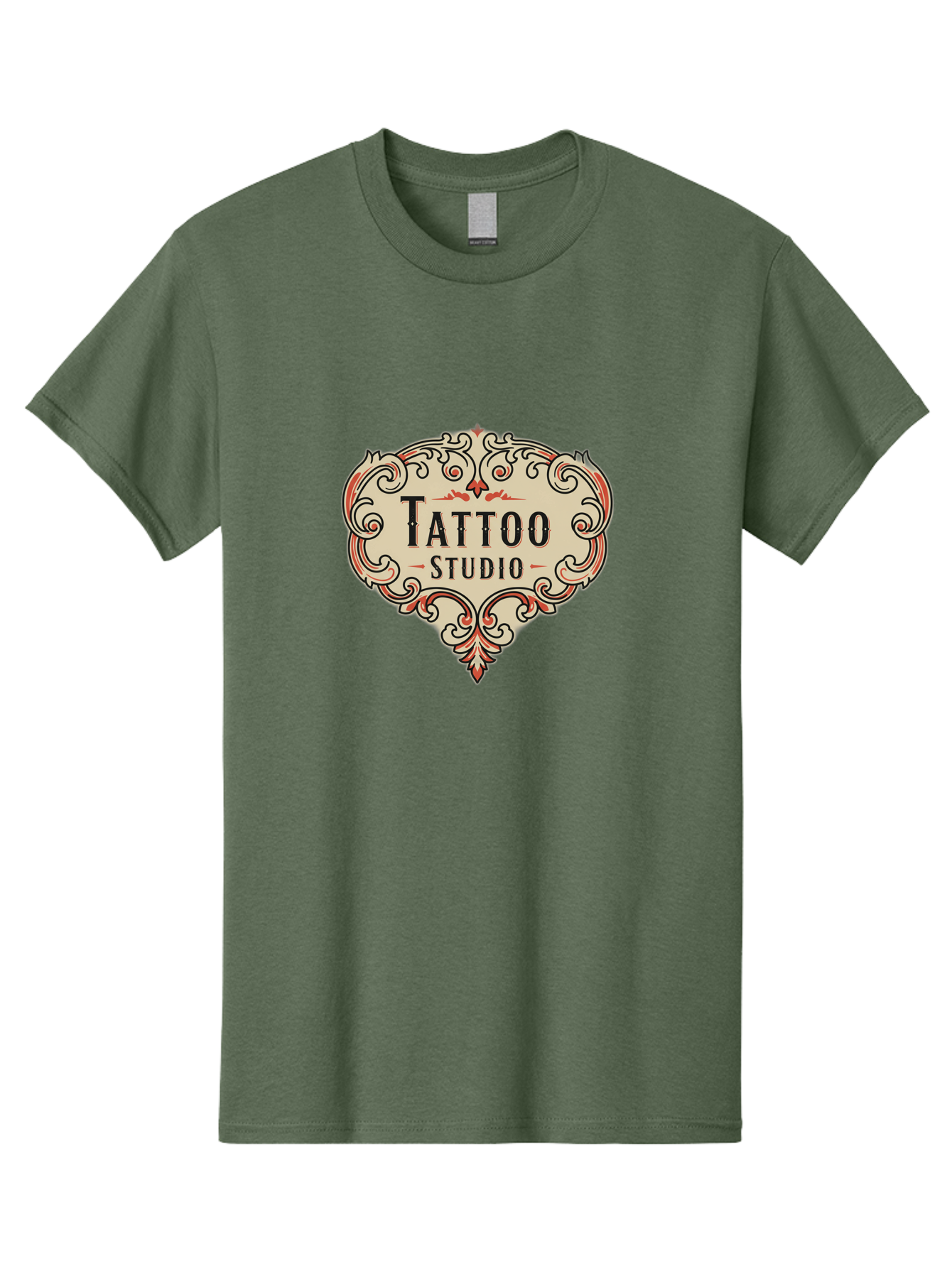 Tattoo-Studio-3 Men'S Graphic Tee, 100% Cotton, Comfortable Casual Summer Wear, Machine Washable, Tattoo Studio, Vintage Logo, Ornate Design, Red And Black Filigree, Body Art, Ink, Tattoo Parlor, Classic Style, Ornamental Art Bad817