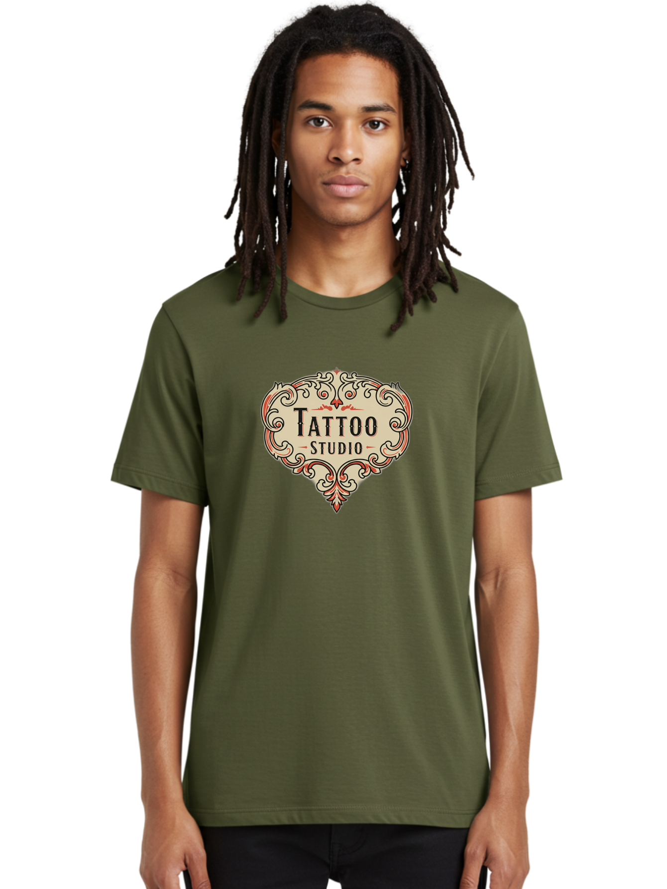 Tattoo-Studio-3 Men'S Graphic Tee, 100% Cotton, Comfortable Casual Summer Wear, Machine Washable, Tattoo Studio, Vintage Logo, Ornate Design, Red And Black Filigree, Body Art, Ink, Tattoo Parlor, Classic Style, Ornamental Art Bad817