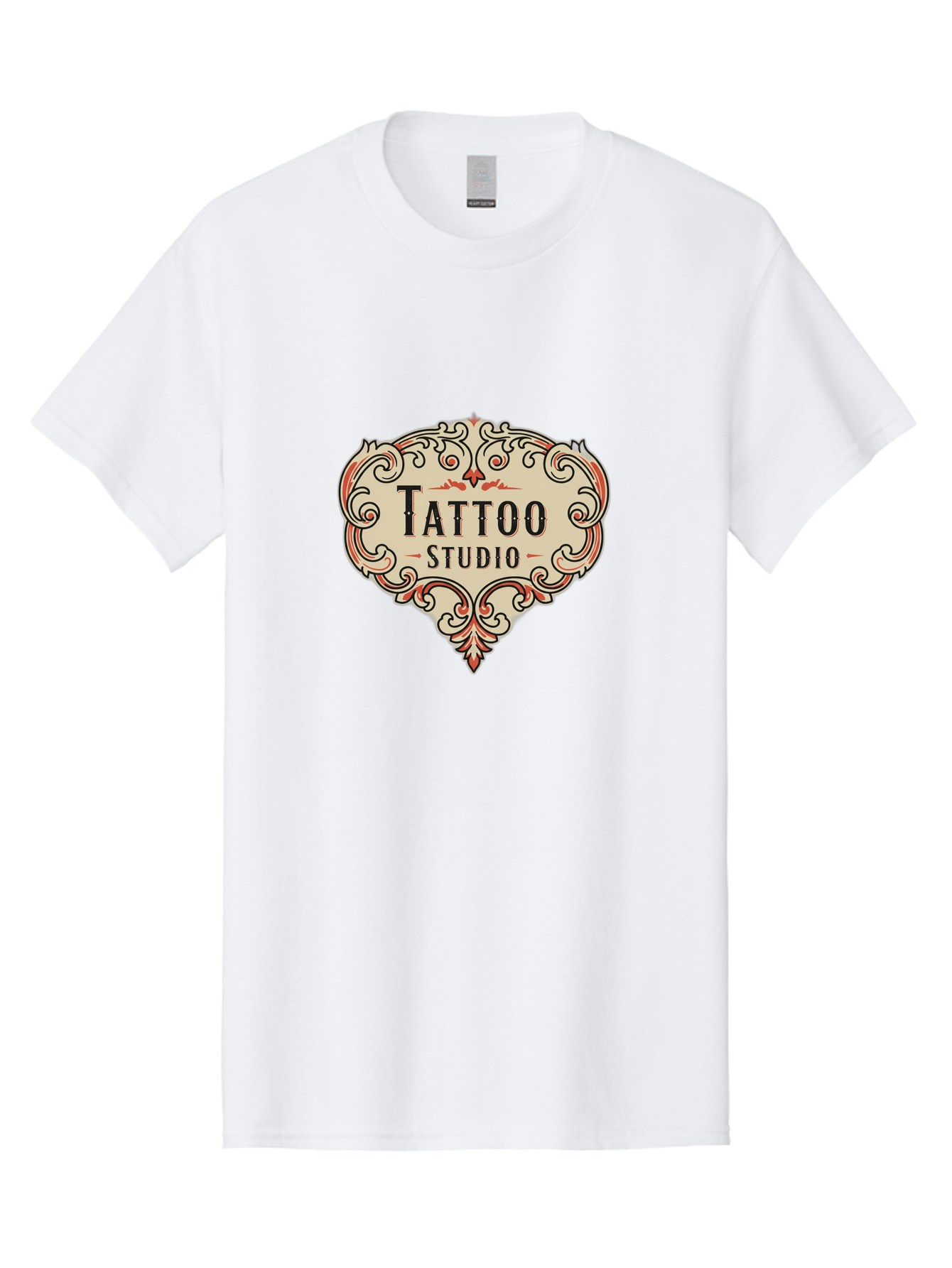Tattoo-Studio-3 Men'S Graphic Tee, 100% Cotton, Comfortable Casual Summer Wear, Machine Washable, Tattoo Studio, Vintage Logo, Ornate Design, Red And Black Filigree, Body Art, Ink, Tattoo Parlor, Classic Style, Ornamental Art Bad817