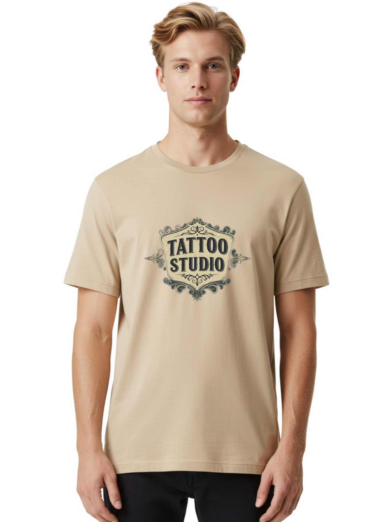 Tattoo-Studio-5 Men'S Graphic Tee, 100% Cotton, Comfortable Casual Summer Wear, Machine Washable, Tattoo Studio, Tattoo Art, Body Art, Ink Designs, Tattoo Parlor, Custom Tattoos, Intricate Details, Ornate Frames, Vintage Style Bad819