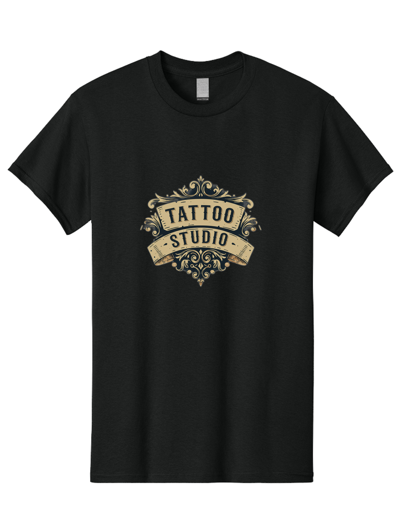 Tattoo-Studio-6 Men'S Graphic Tee, 100% Cotton, Comfortable Casual Summer Wear, Machine Washable, Tattoo Studio Logo, Vintage Design, Ornate Elements, Banner Style, Tattoo Art, Body Art, Tattoo Parlor, Decorative Flourish, Unique Typography, Bad820