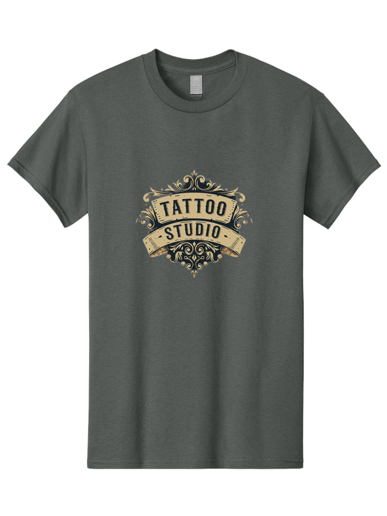 Tattoo-Studio-6 Men'S Graphic Tee, 100% Cotton, Comfortable Casual Summer Wear, Machine Washable, Tattoo Studio Logo, Vintage Design, Ornate Elements, Banner Style, Tattoo Art, Body Art, Tattoo Parlor, Decorative Flourish, Unique Typography, Bad820