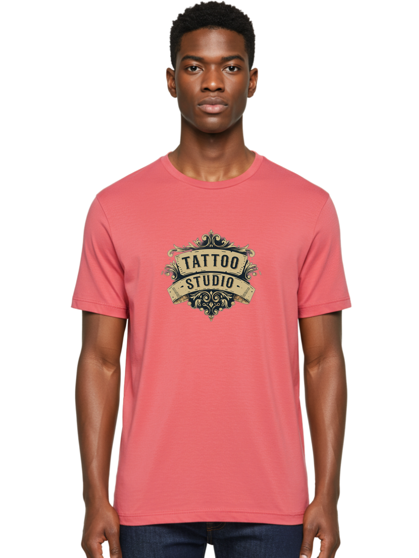 Tattoo-Studio-6 Men'S Graphic Tee, 100% Cotton, Comfortable Casual Summer Wear, Machine Washable, Tattoo Studio Logo, Vintage Design, Ornate Elements, Banner Style, Tattoo Art, Body Art, Tattoo Parlor, Decorative Flourish, Unique Typography, Bad820
