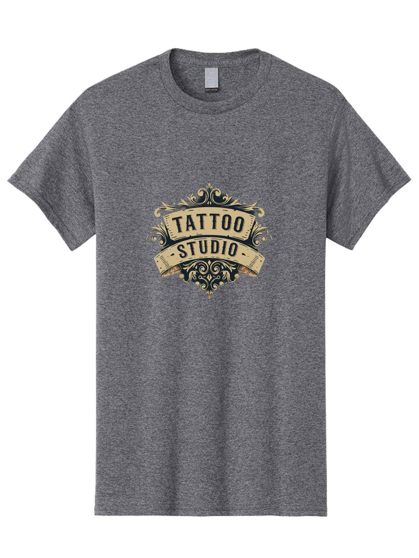 Tattoo-Studio-6 Men'S Graphic Tee, 100% Cotton, Comfortable Casual Summer Wear, Machine Washable, Tattoo Studio Logo, Vintage Design, Ornate Elements, Banner Style, Tattoo Art, Body Art, Tattoo Parlor, Decorative Flourish, Unique Typography, Bad820