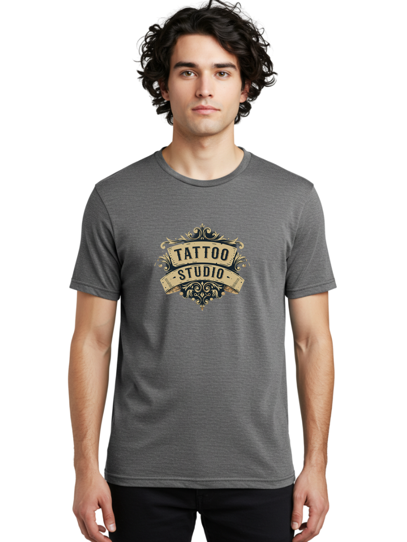 Tattoo-Studio-6 Men'S Graphic Tee, 100% Cotton, Comfortable Casual Summer Wear, Machine Washable, Tattoo Studio Logo, Vintage Design, Ornate Elements, Banner Style, Tattoo Art, Body Art, Tattoo Parlor, Decorative Flourish, Unique Typography, Bad820