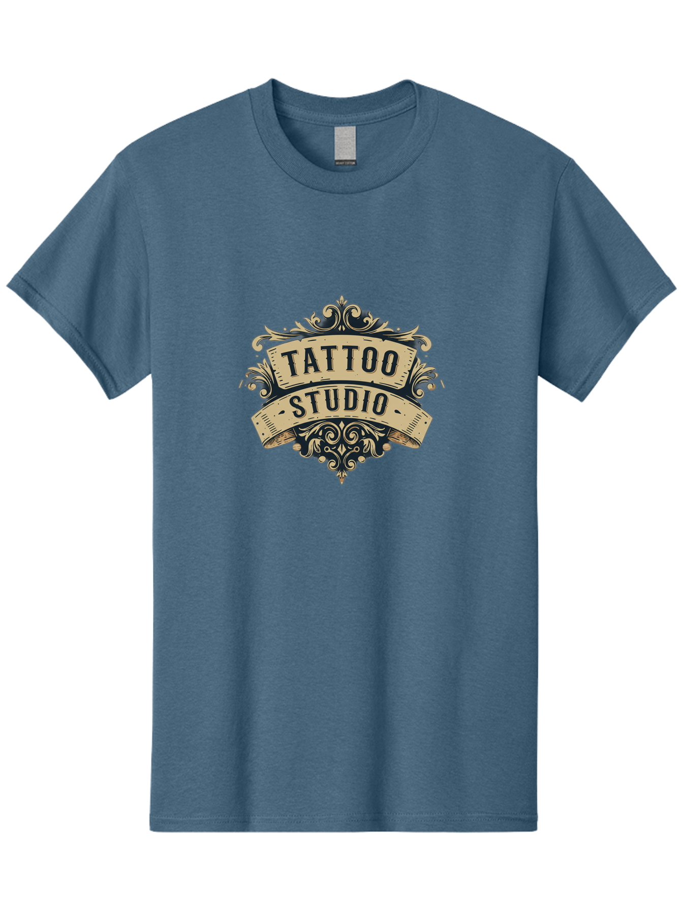 Tattoo-Studio-6 Men'S Graphic Tee, 100% Cotton, Comfortable Casual Summer Wear, Machine Washable, Tattoo Studio Logo, Vintage Design, Ornate Elements, Banner Style, Tattoo Art, Body Art, Tattoo Parlor, Decorative Flourish, Unique Typography, Bad820