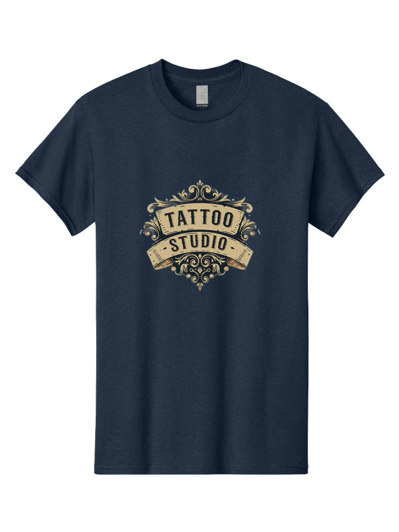 Tattoo-Studio-6 Men'S Graphic Tee, 100% Cotton, Comfortable Casual Summer Wear, Machine Washable, Tattoo Studio Logo, Vintage Design, Ornate Elements, Banner Style, Tattoo Art, Body Art, Tattoo Parlor, Decorative Flourish, Unique Typography, Bad820