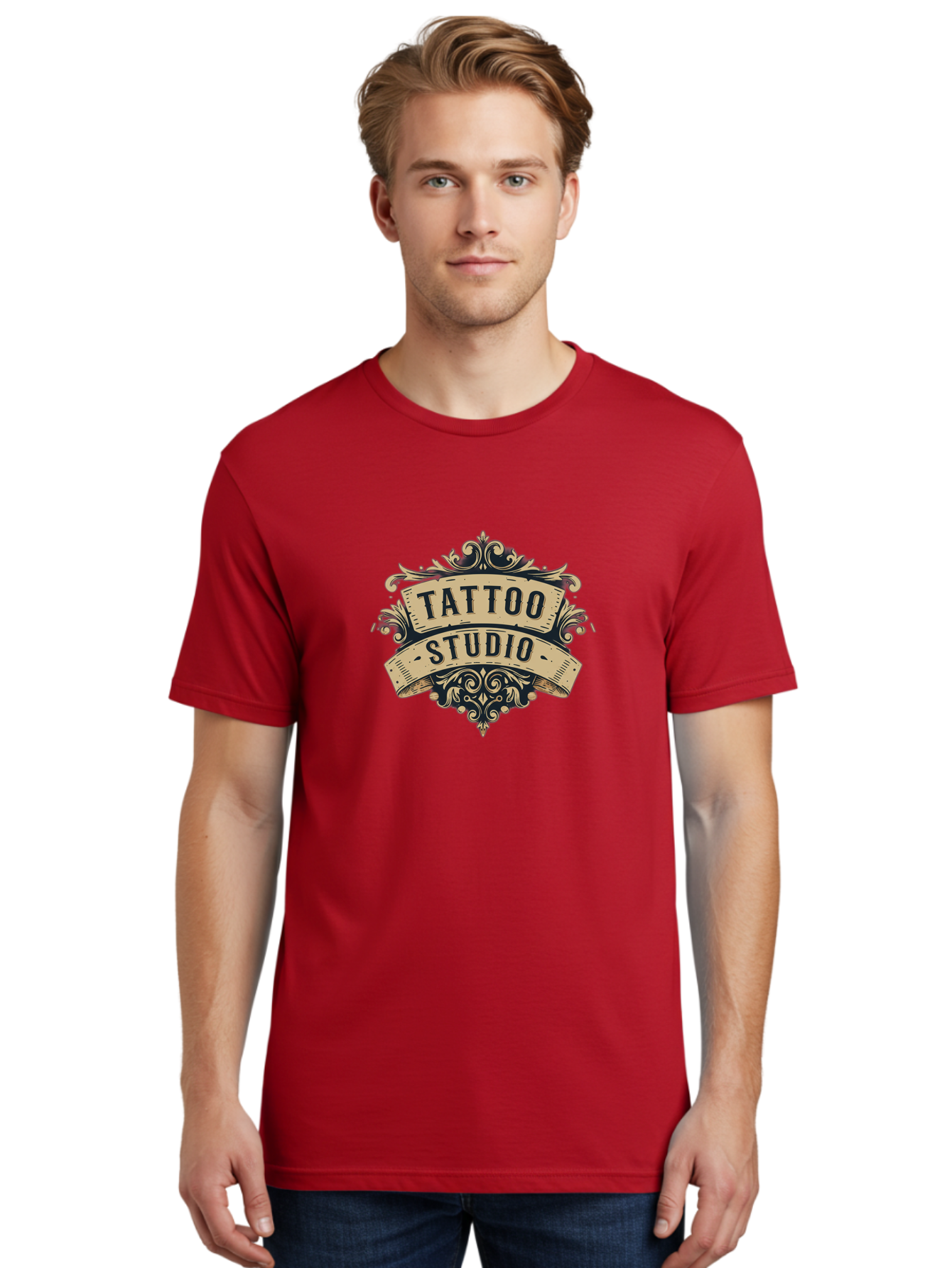 Tattoo-Studio-6 Men'S Graphic Tee, 100% Cotton, Comfortable Casual Summer Wear, Machine Washable, Tattoo Studio Logo, Vintage Design, Ornate Elements, Banner Style, Tattoo Art, Body Art, Tattoo Parlor, Decorative Flourish, Unique Typography, Bad820