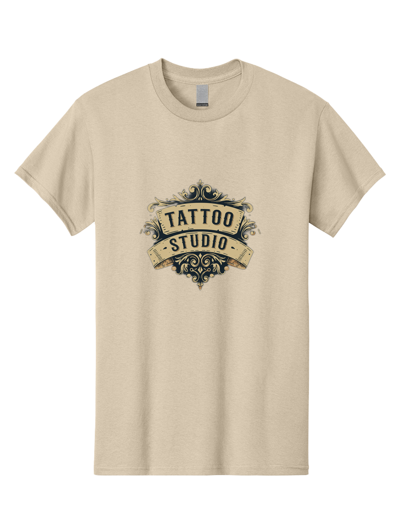 Tattoo-Studio-6 Men'S Graphic Tee, 100% Cotton, Comfortable Casual Summer Wear, Machine Washable, Tattoo Studio Logo, Vintage Design, Ornate Elements, Banner Style, Tattoo Art, Body Art, Tattoo Parlor, Decorative Flourish, Unique Typography, Bad820