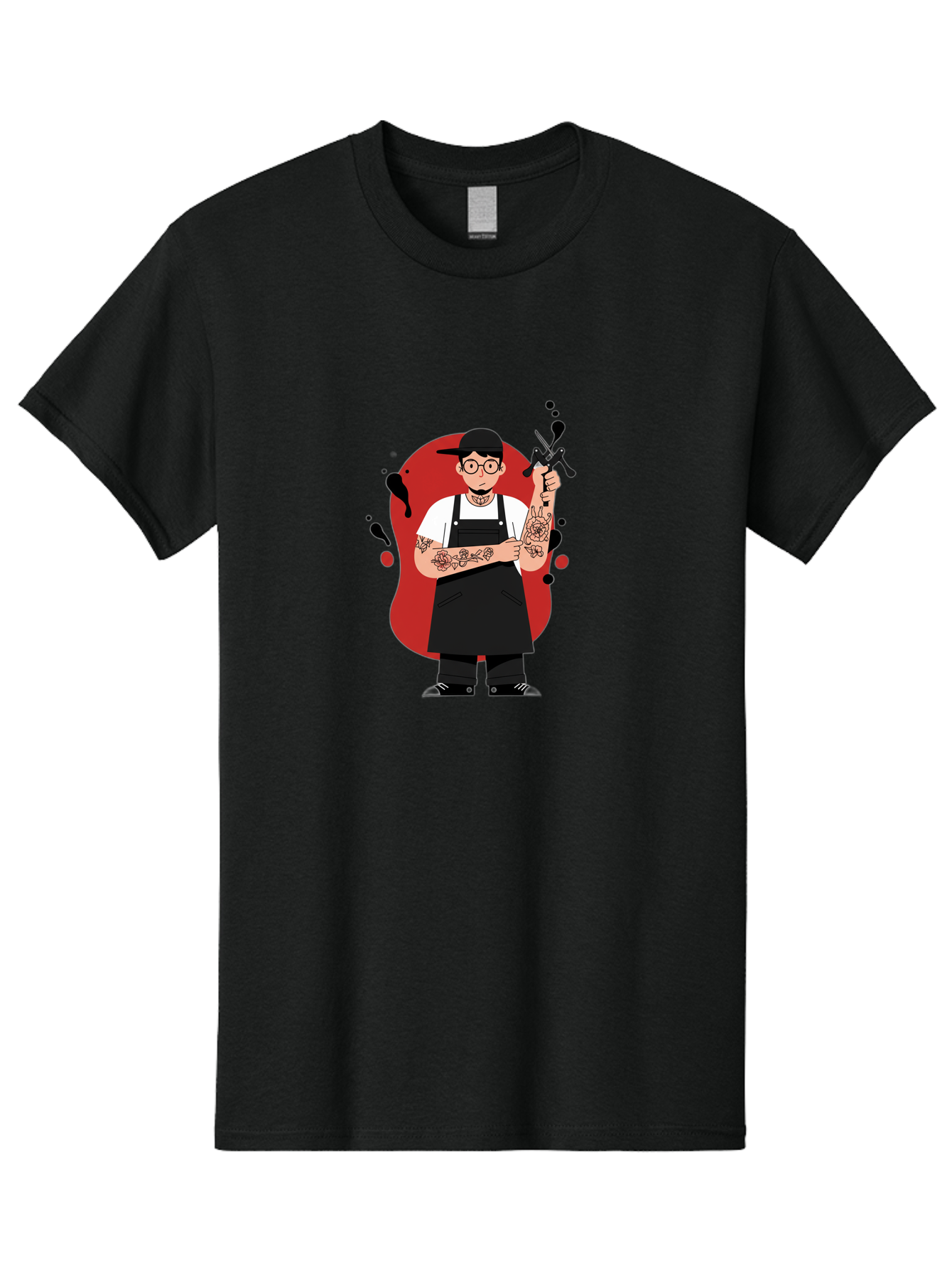 Tattooed-Barber Men'S Graphic Tee, 100% Cotton, Comfortable Casual Summer Wear, Machine Washable, Tattoo Artist At Work, Body Art, Creative Profession, Ink Splatters, Tattoo Machine, Artistic Expression, Tattoo Culture, Body Modification Bad824